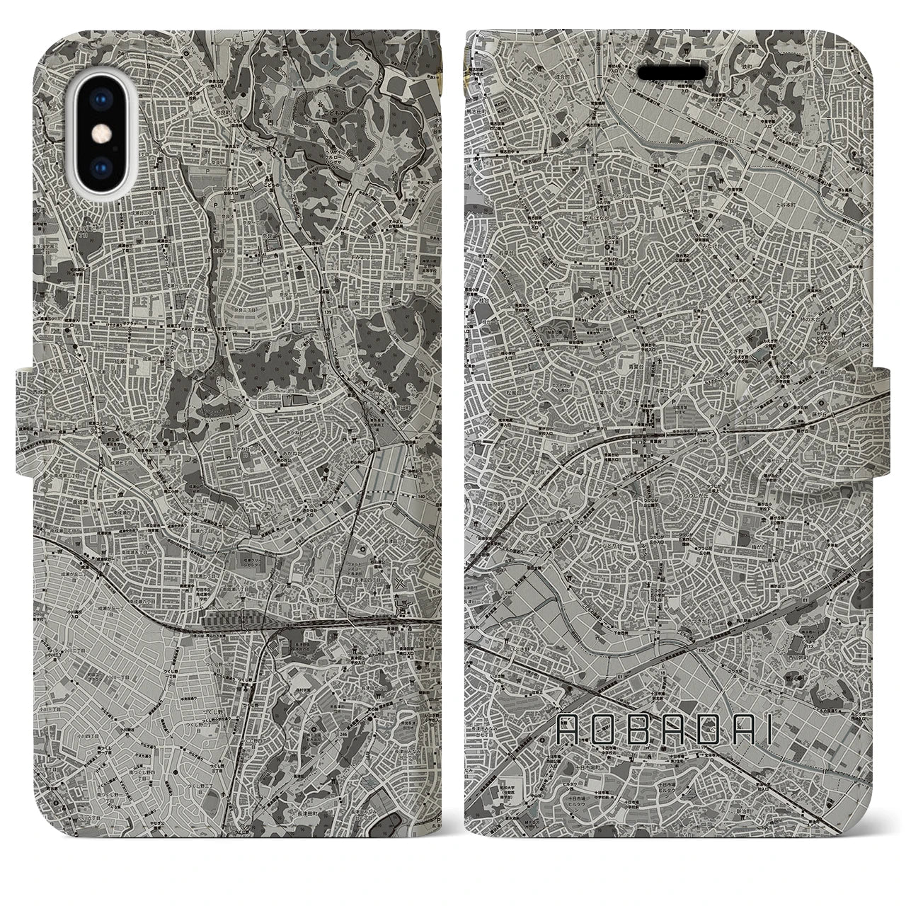 【青葉台(神奈川県)】地図柄iPhoneケース(手帳タイプ)モノトーン・iPhone XS Max 用