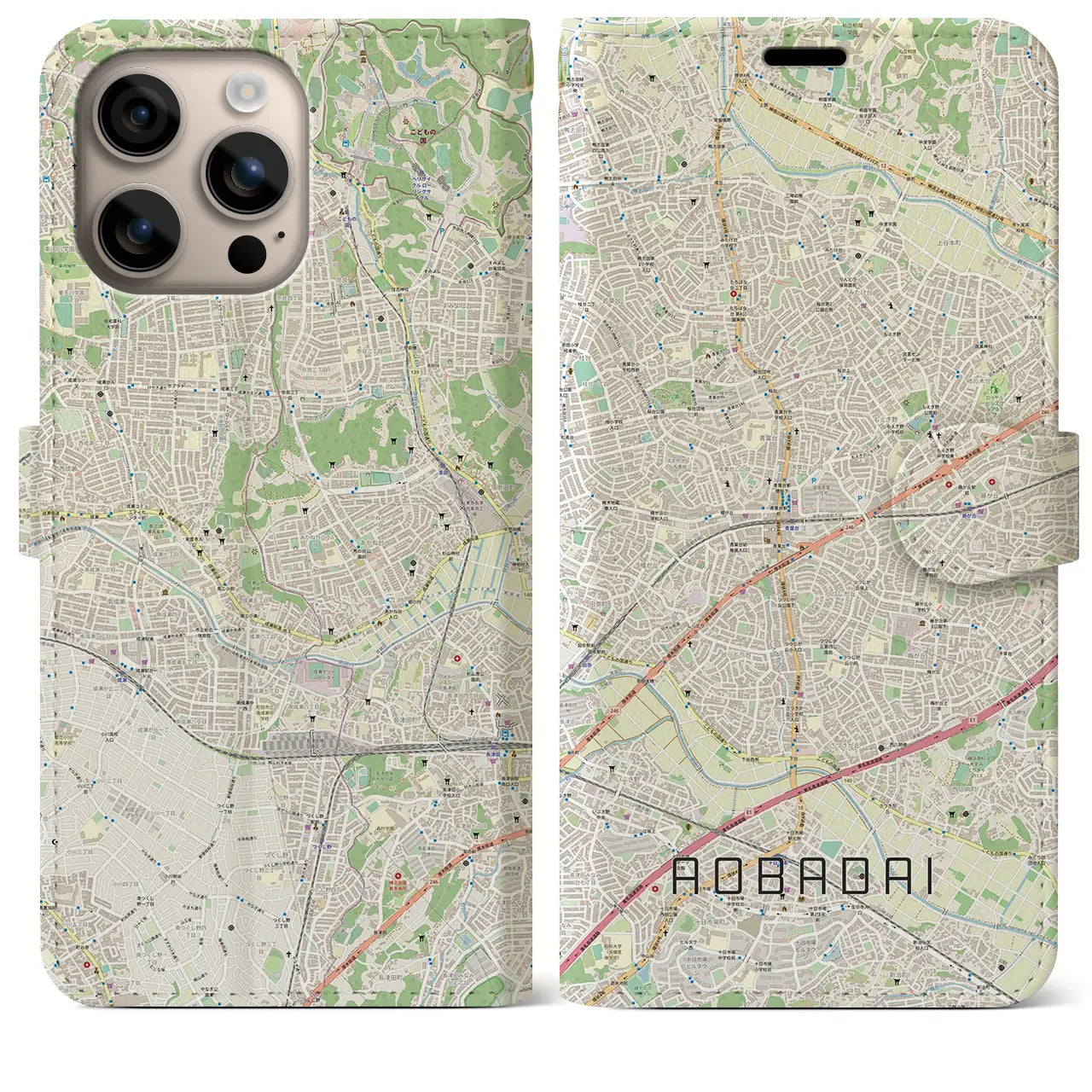 【青葉台(神奈川県)】地図柄iPhoneケース(手帳タイプ)ナチュラル・iPhone 16 Plus 用