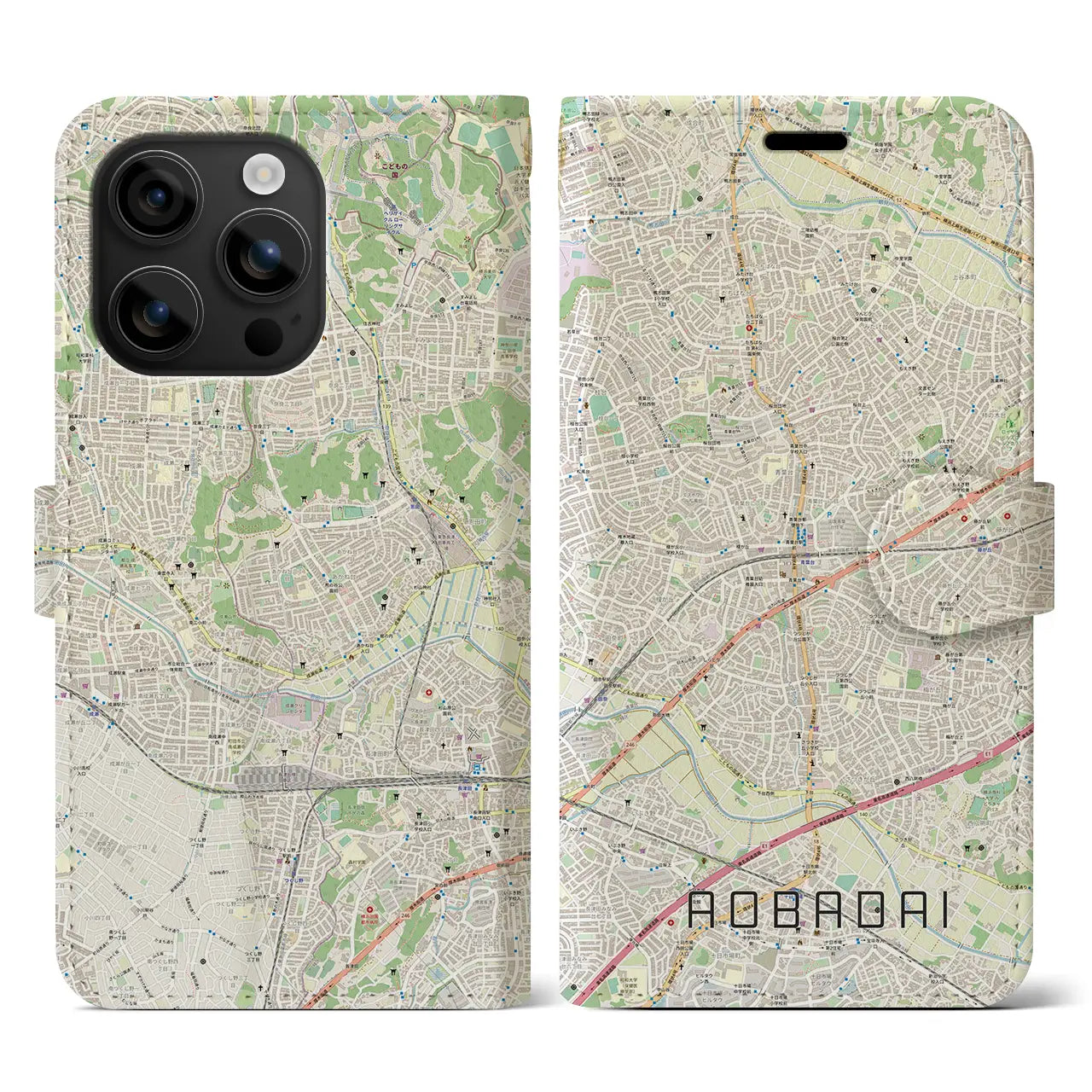【青葉台(神奈川県)】地図柄iPhoneケース(手帳タイプ)ナチュラル・iPhone 16 用