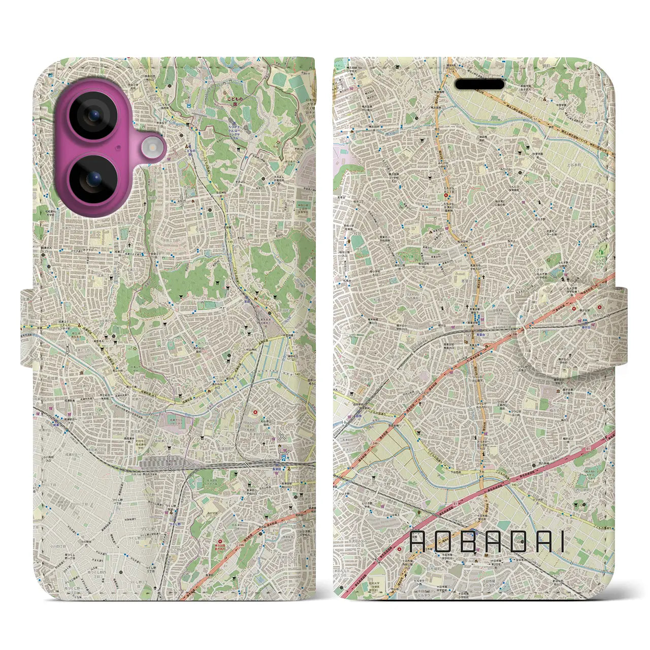 【青葉台(神奈川県)】地図柄iPhoneケース(手帳タイプ)ナチュラル・iPhone 16 Pro 用