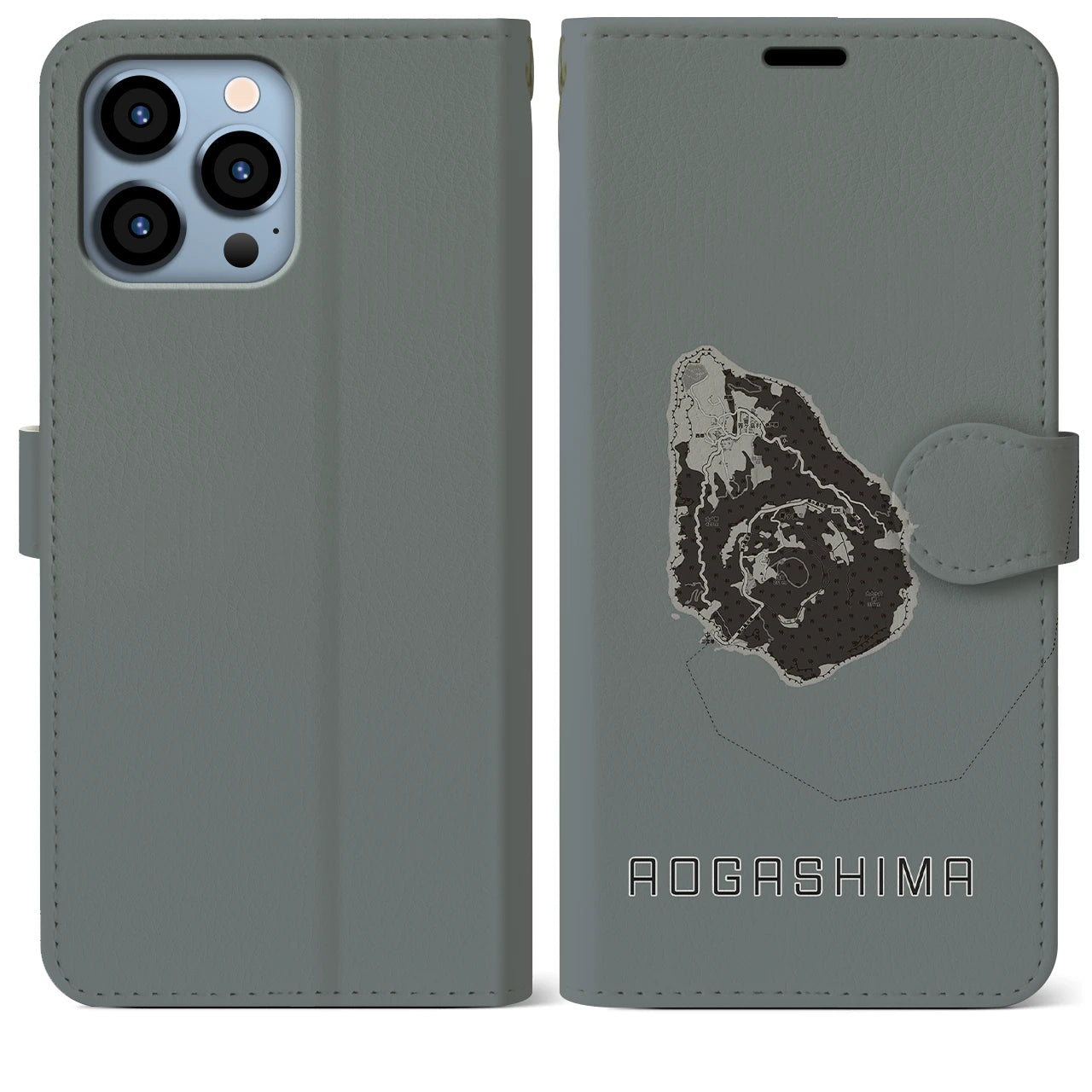 【青ヶ島(東京都)】地図柄iPhoneケース(手帳タイプ)モノトーン・iPhone 13 Pro Max 用