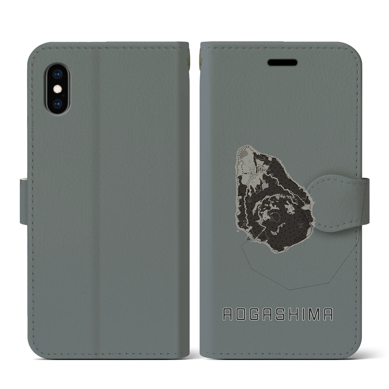 【青ヶ島(東京都)】地図柄iPhoneケース(手帳タイプ)モノトーン・iPhone XS / X 用