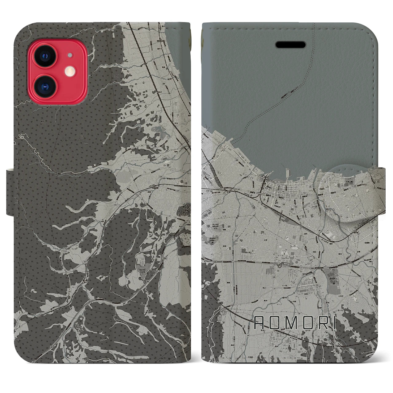 【青森2(青森県)】地図柄iPhoneケース(手帳タイプ)モノトーン・iPhone 11 用