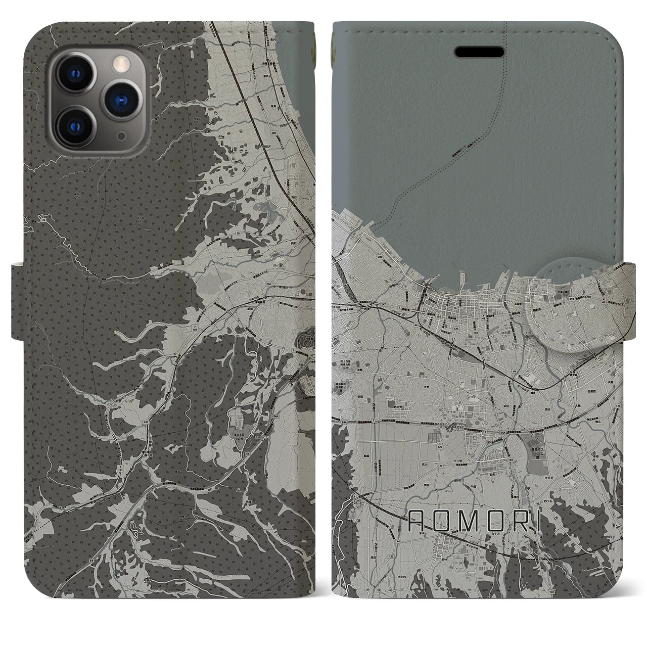 【青森2(青森県)】地図柄iPhoneケース(手帳タイプ)モノトーン・iPhone 11 Pro Max 用