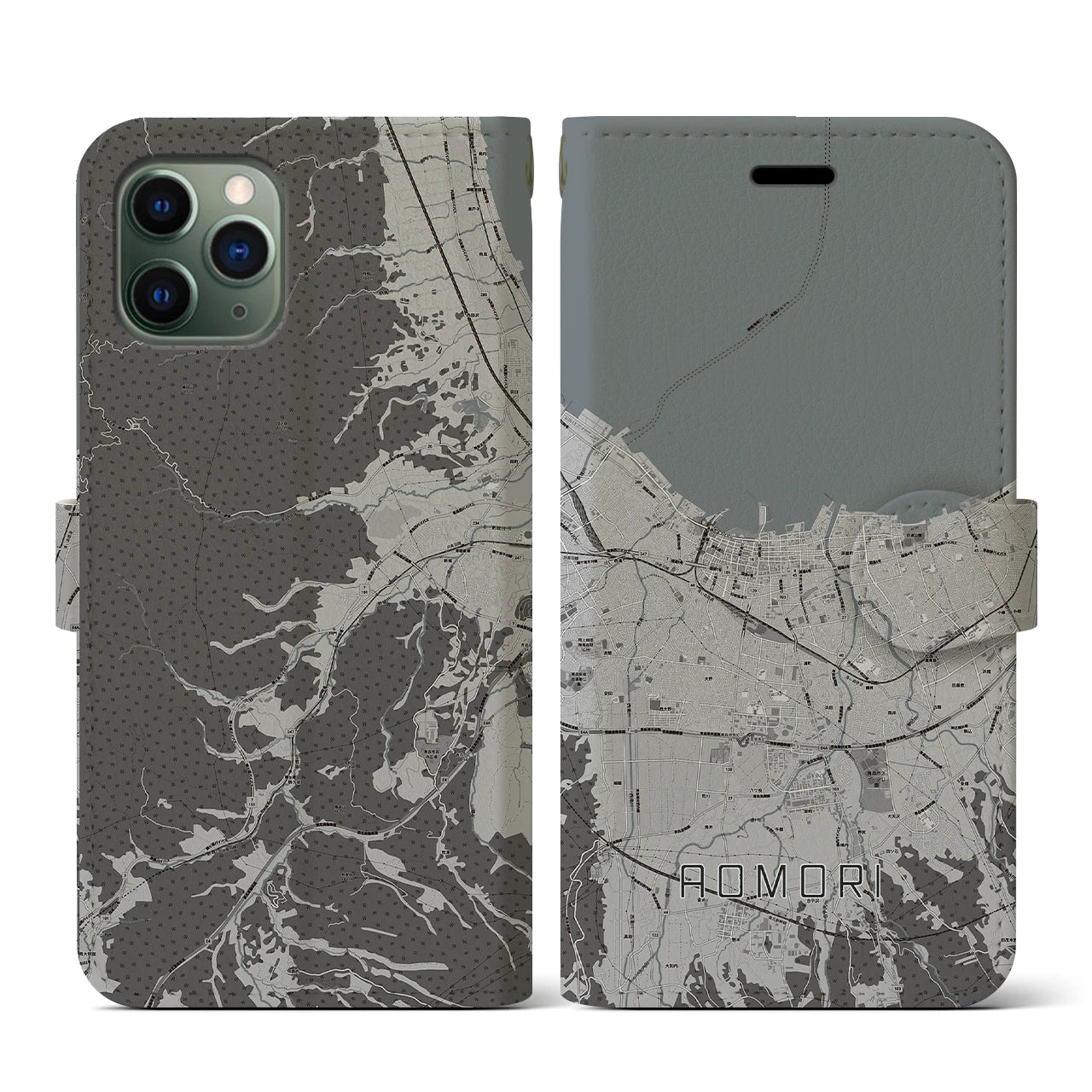 【青森2(青森県)】地図柄iPhoneケース(手帳タイプ)モノトーン・iPhone 11 Pro 用
