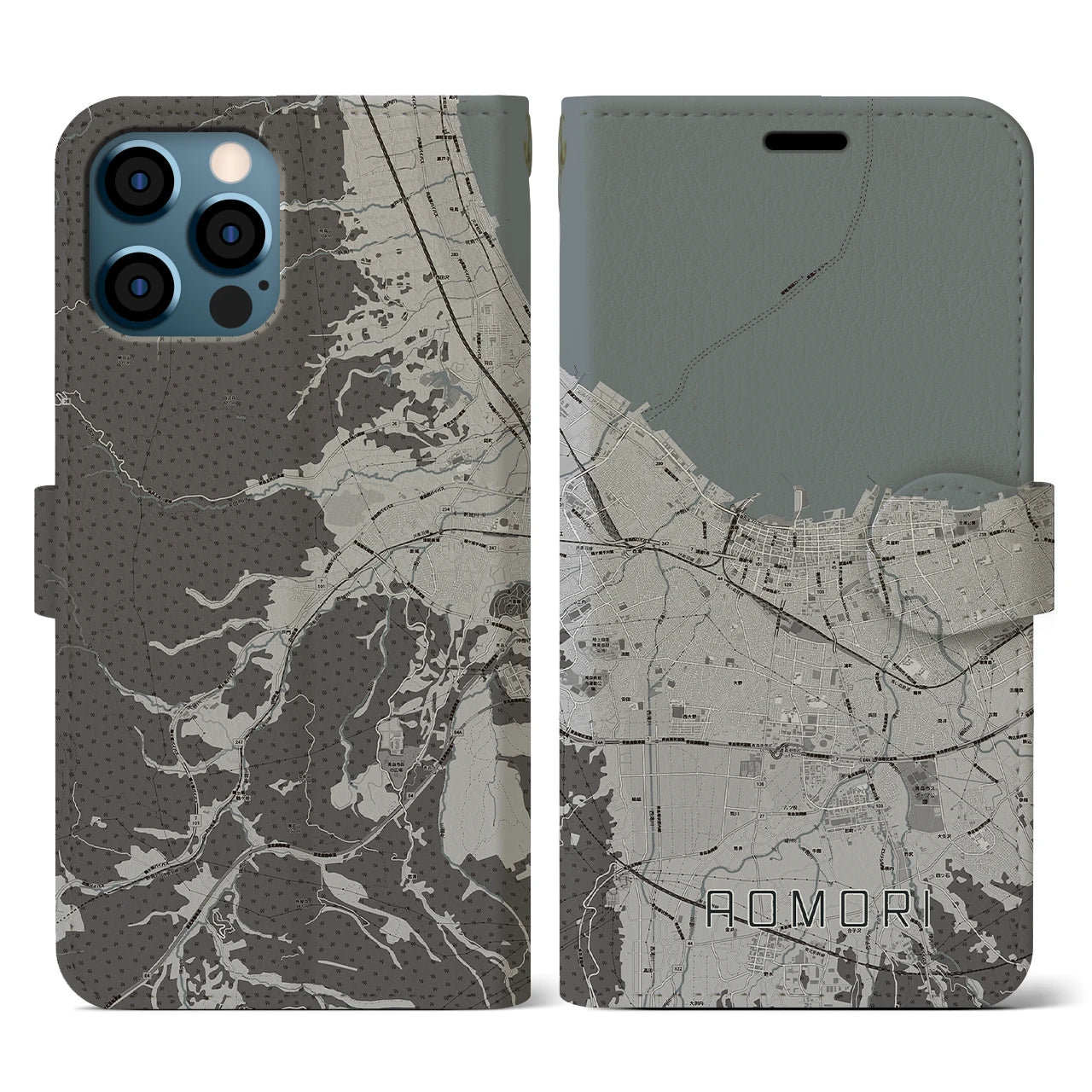 【青森2(青森県)】地図柄iPhoneケース(手帳タイプ)モノトーン・iPhone 12 / 12 Pro 用