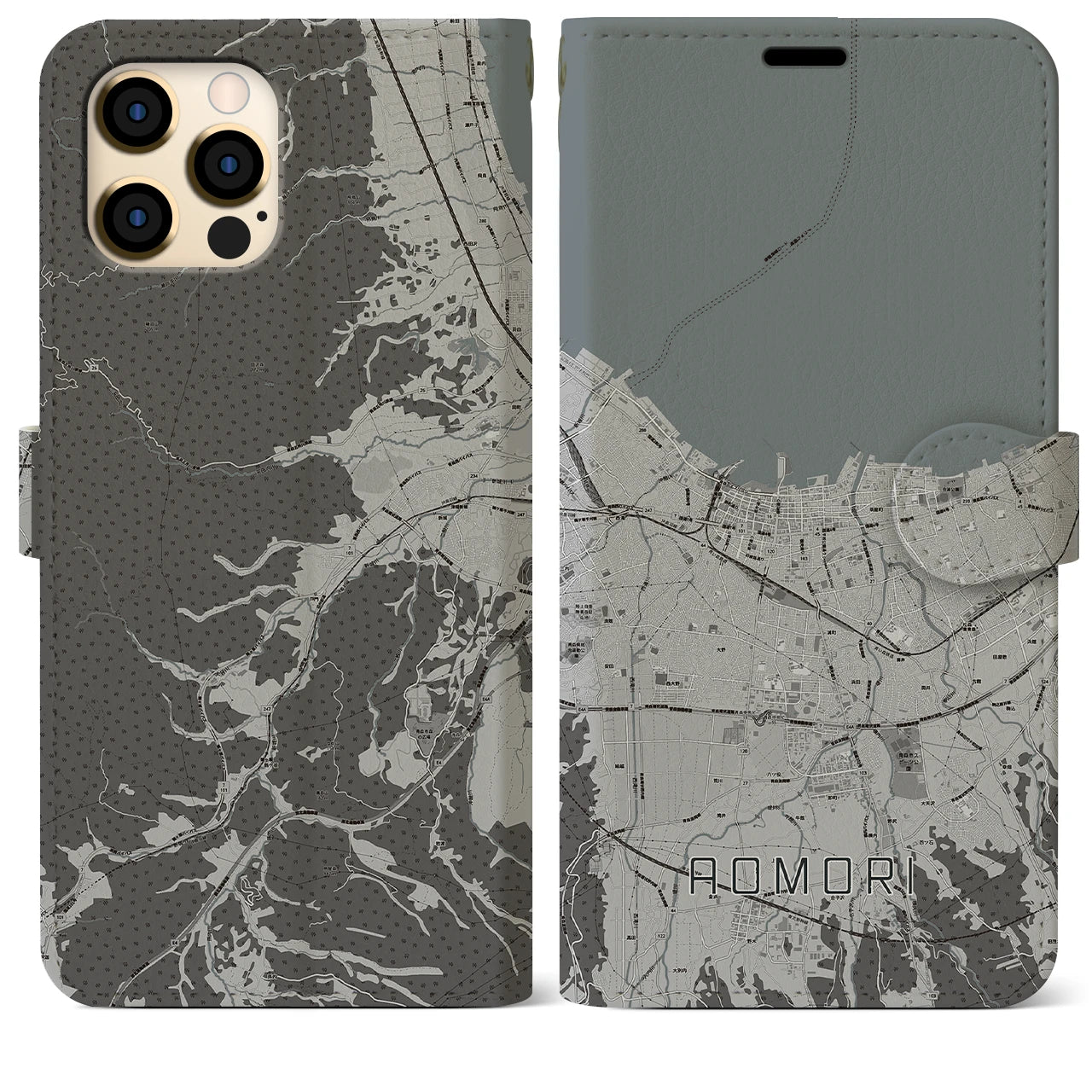 【青森2(青森県)】地図柄iPhoneケース(手帳タイプ)モノトーン・iPhone 12 Pro Max 用