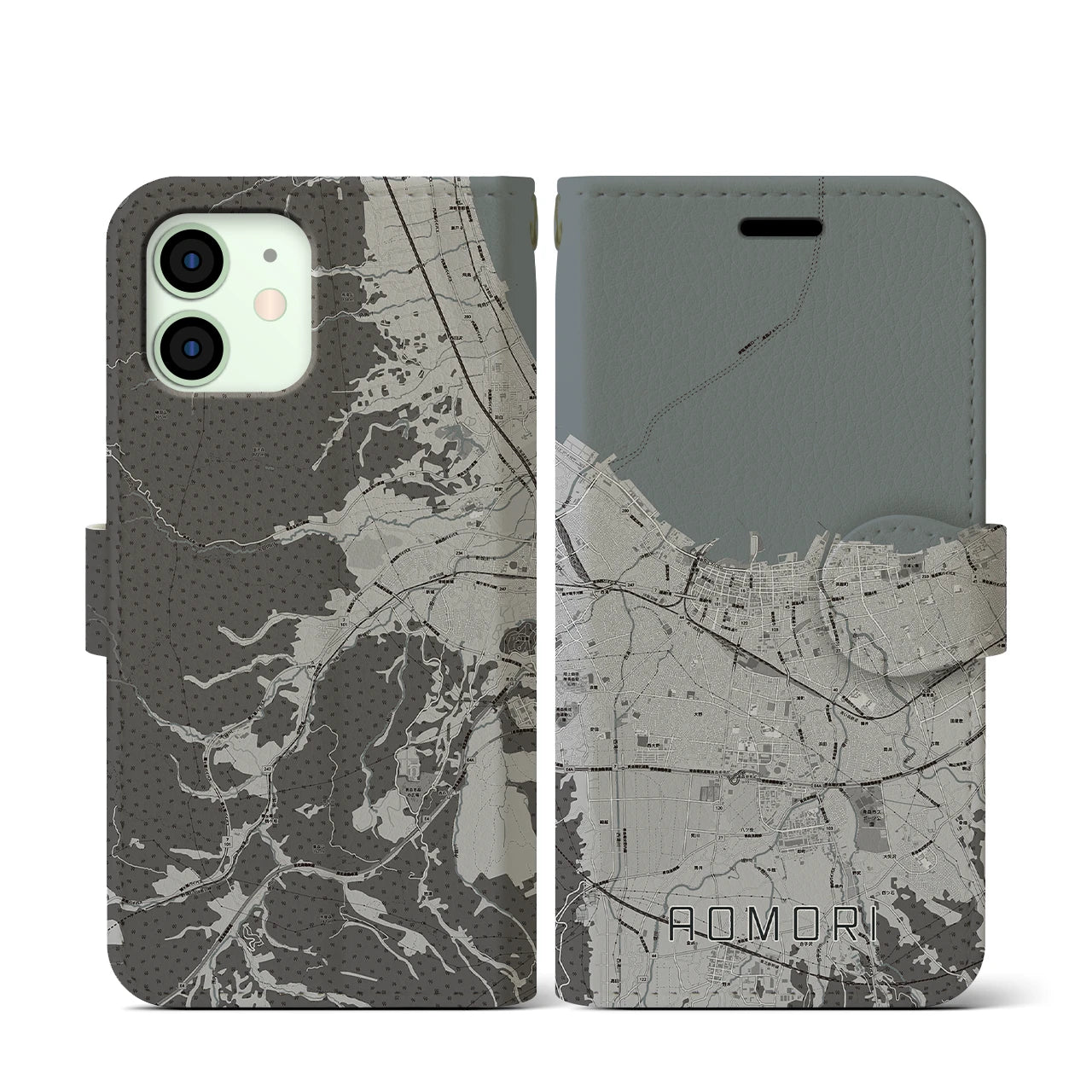 【青森2(青森県)】地図柄iPhoneケース(手帳タイプ)モノトーン・iPhone 12 mini 用