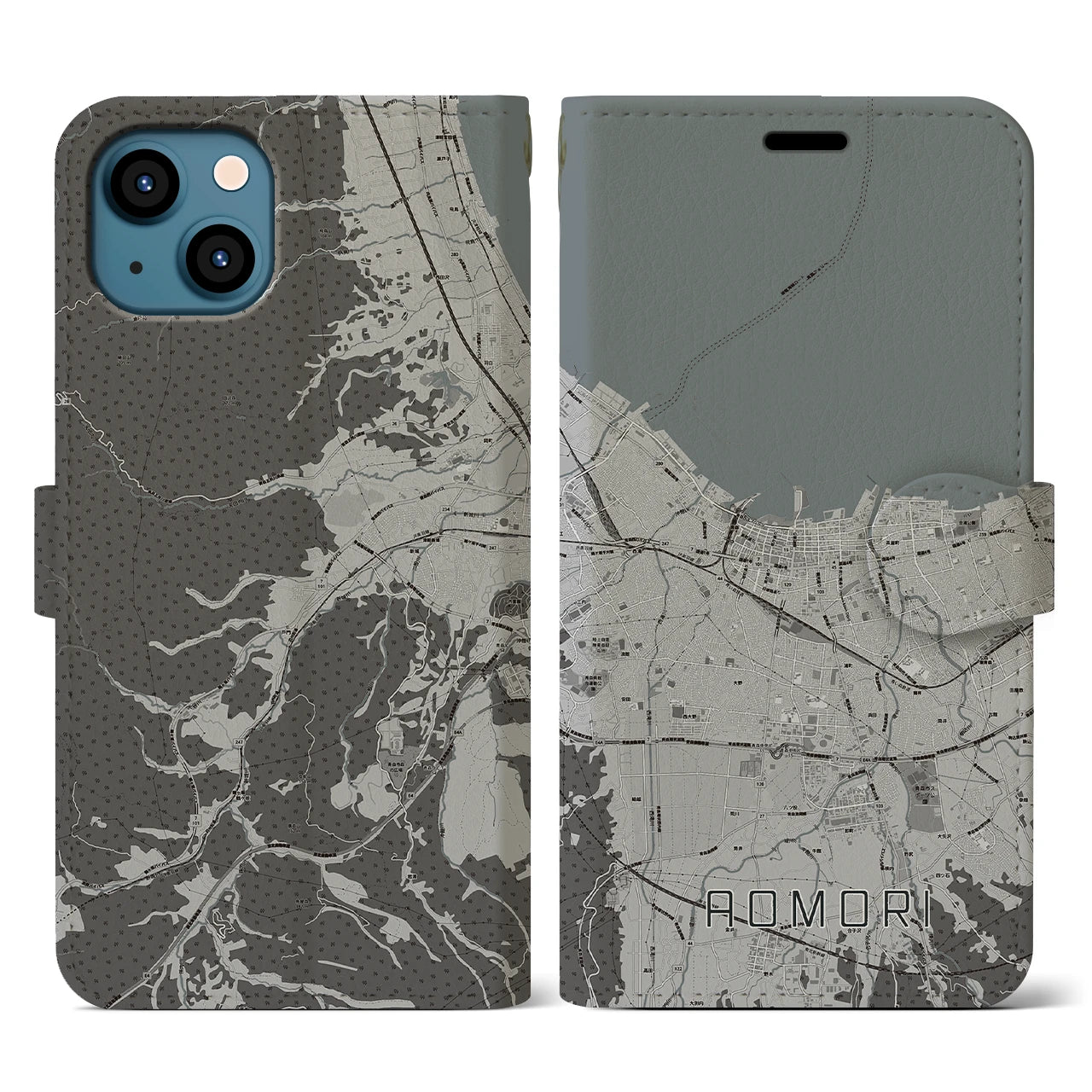 【青森2(青森県)】地図柄iPhoneケース(手帳タイプ)モノトーン・iPhone 13 用