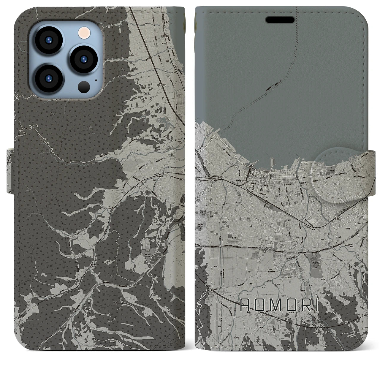 【青森2(青森県)】地図柄iPhoneケース(手帳タイプ)モノトーン・iPhone 13 Pro Max 用