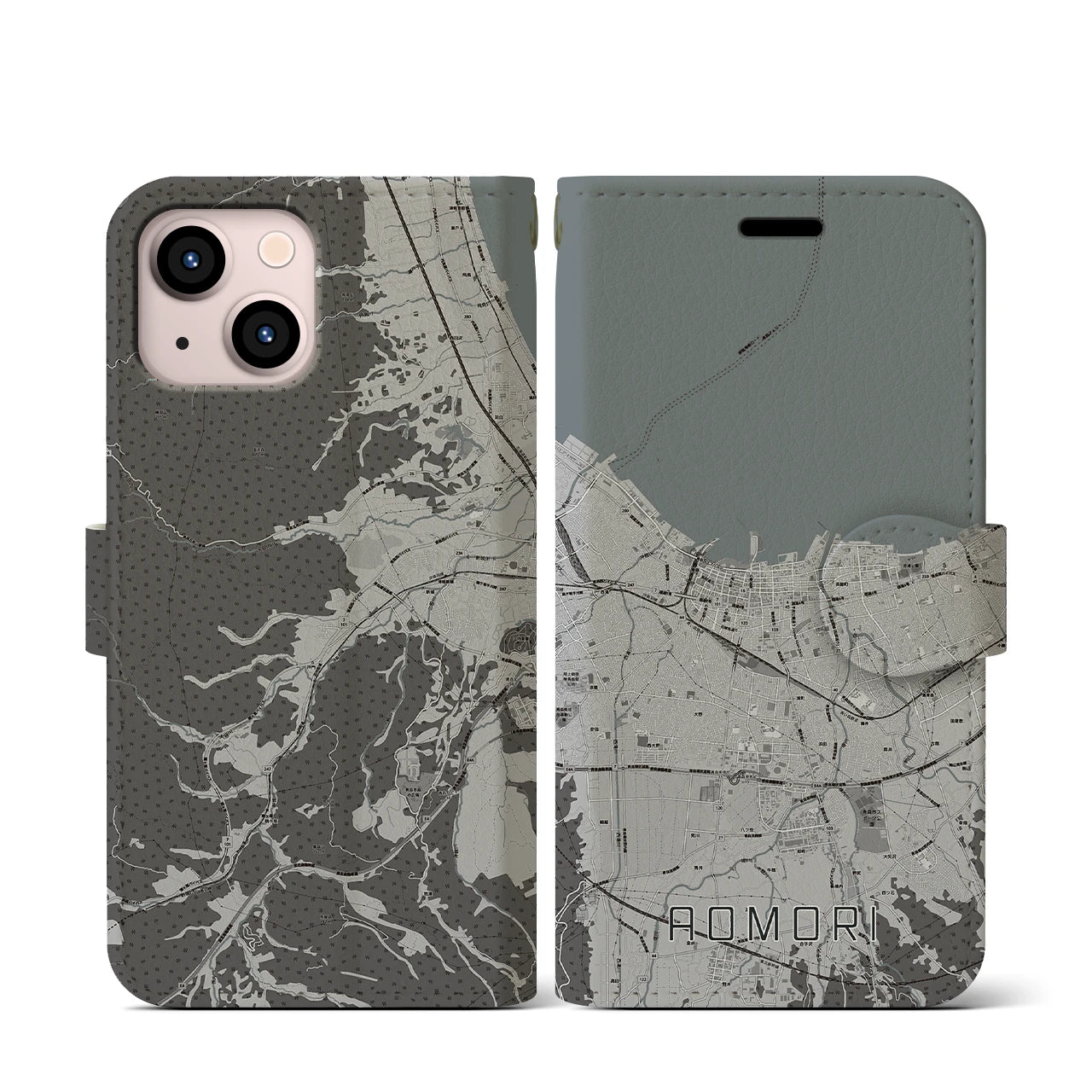 【青森2(青森県)】地図柄iPhoneケース(手帳タイプ)モノトーン・iPhone 13 mini 用