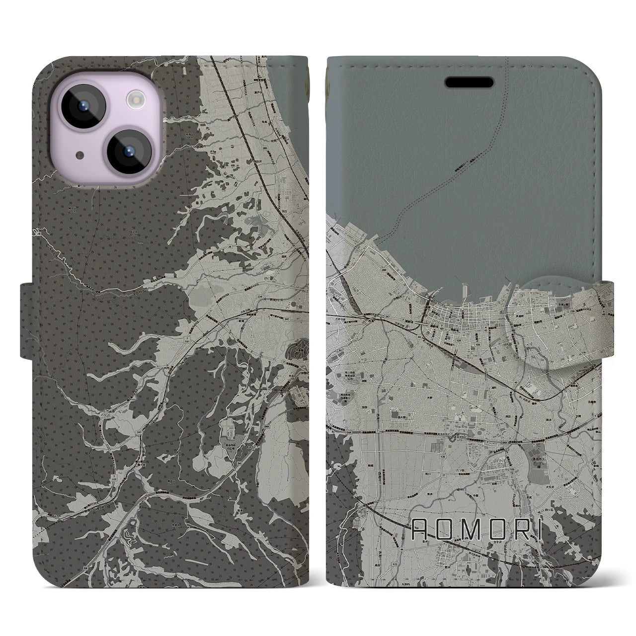 【青森2(青森県)】地図柄iPhoneケース(手帳タイプ)モノトーン・iPhone 14 用