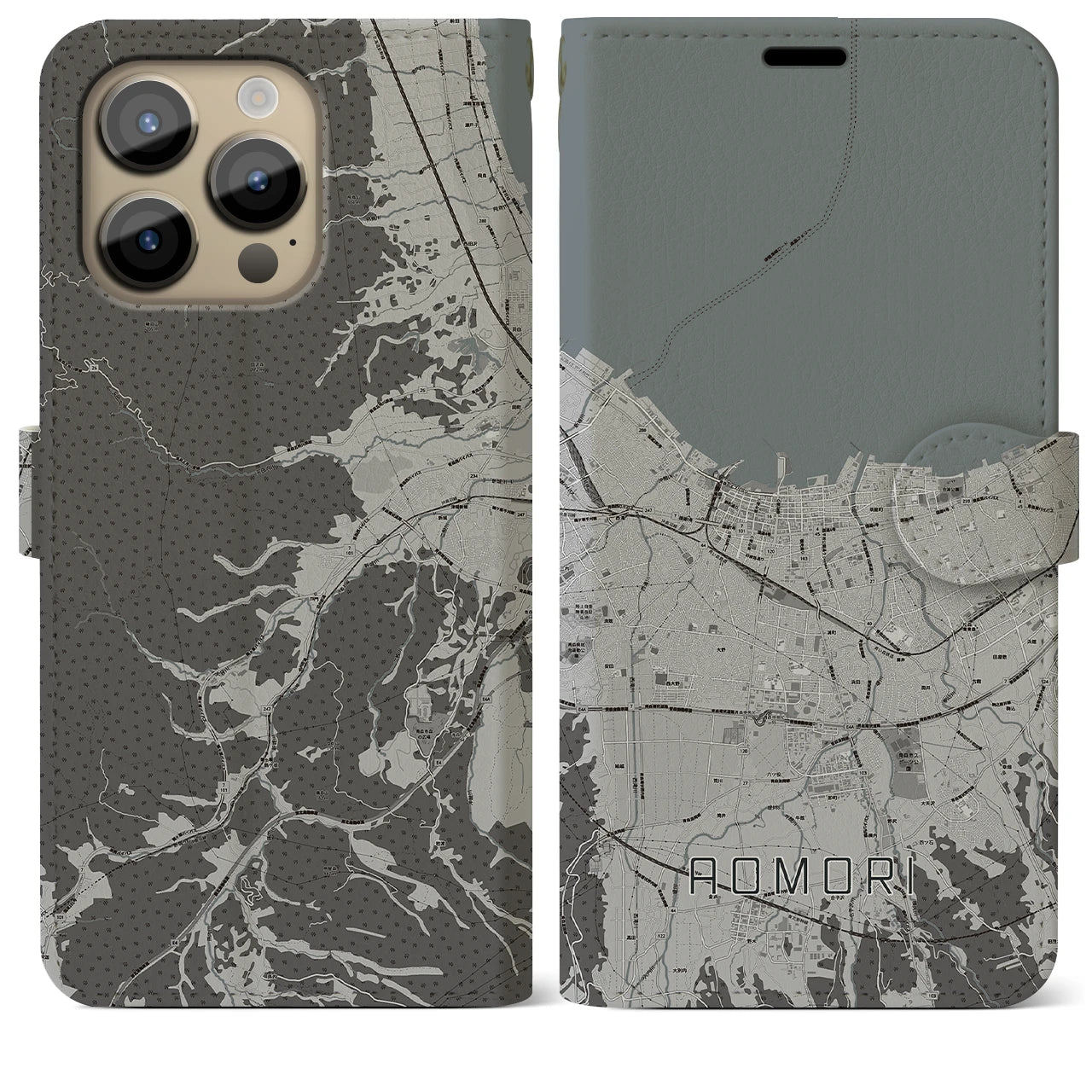 【青森2(青森県)】地図柄iPhoneケース(手帳タイプ)モノトーン・iPhone 14 Pro Max 用