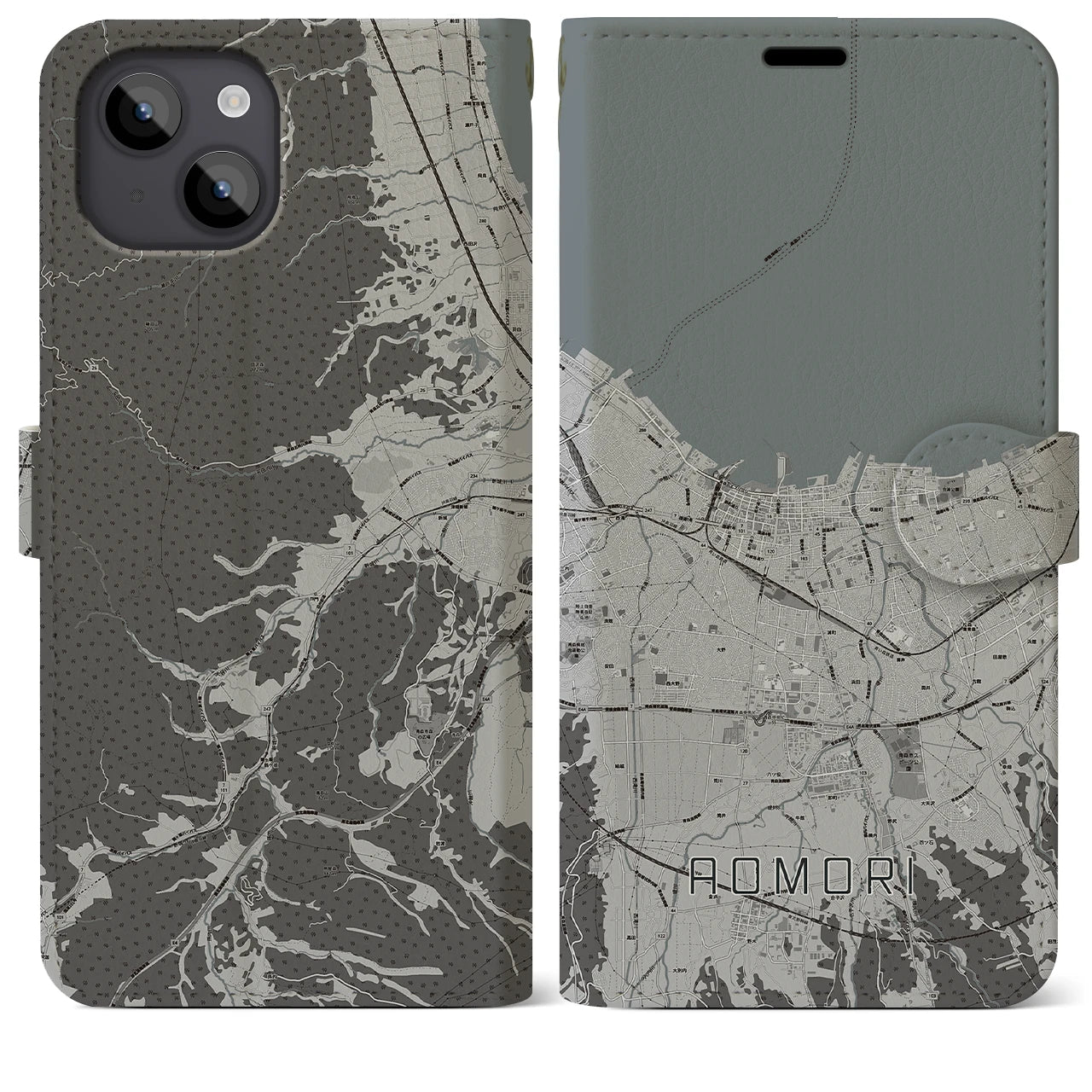 【青森2(青森県)】地図柄iPhoneケース(手帳タイプ)モノトーン・iPhone 14 Plus 用