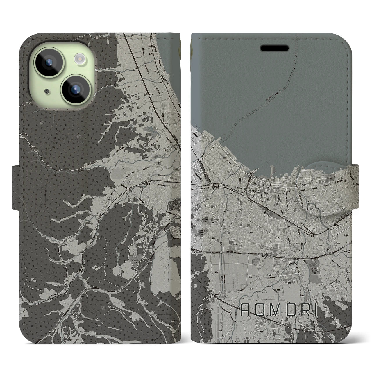 【青森2(青森県)】地図柄iPhoneケース(手帳タイプ)モノトーン・iPhone 15 用