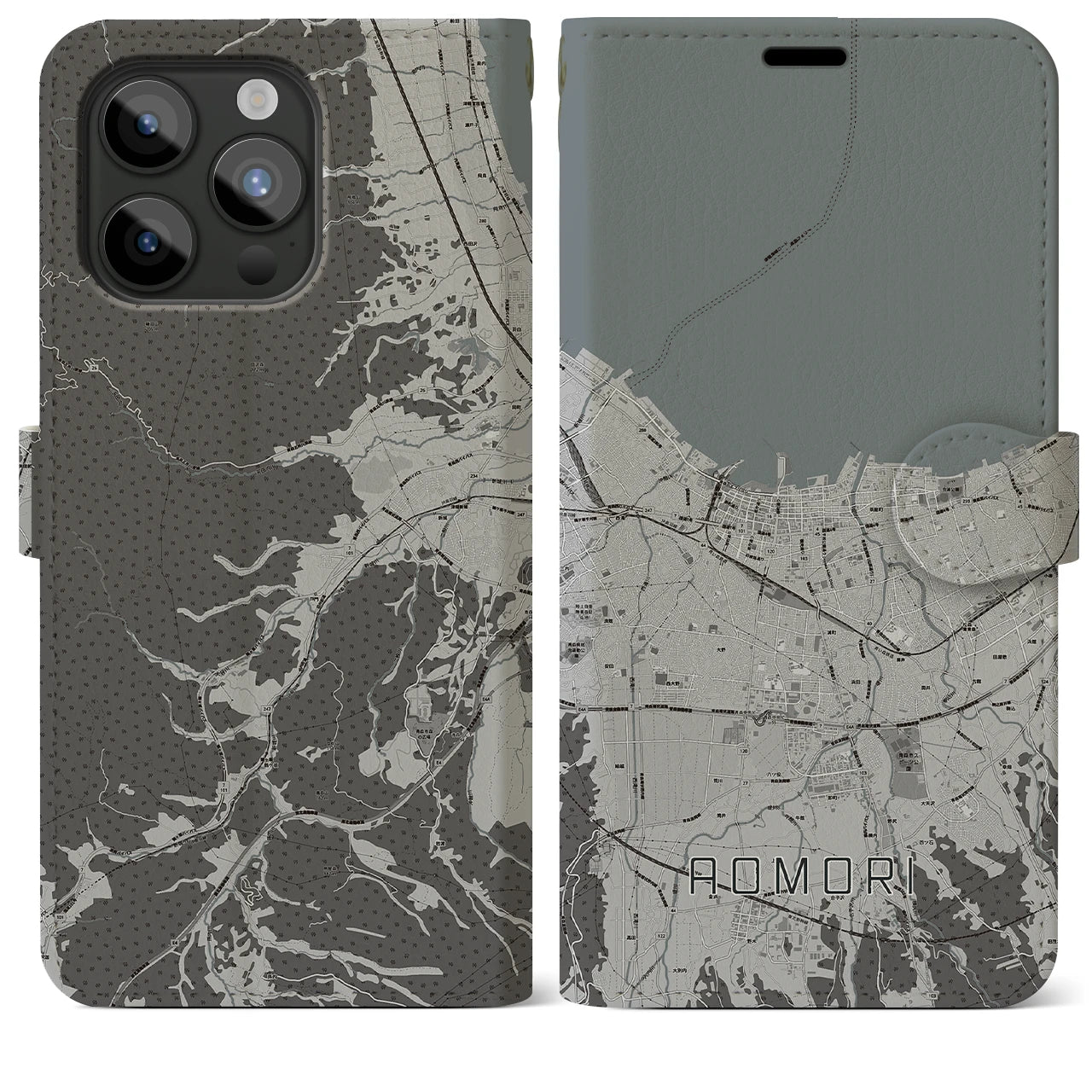 【青森2(青森県)】地図柄iPhoneケース(手帳タイプ)モノトーン・iPhone 15 Pro Max 用