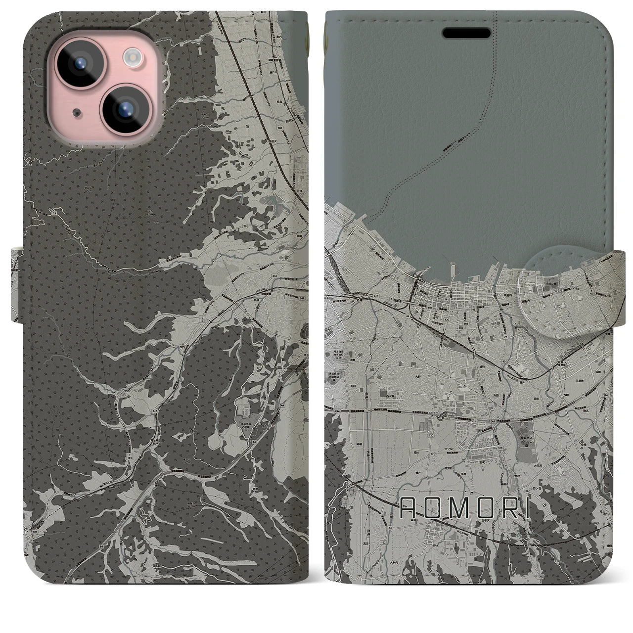 【青森2(青森県)】地図柄iPhoneケース(手帳タイプ)モノトーン・iPhone 15 Plus 用