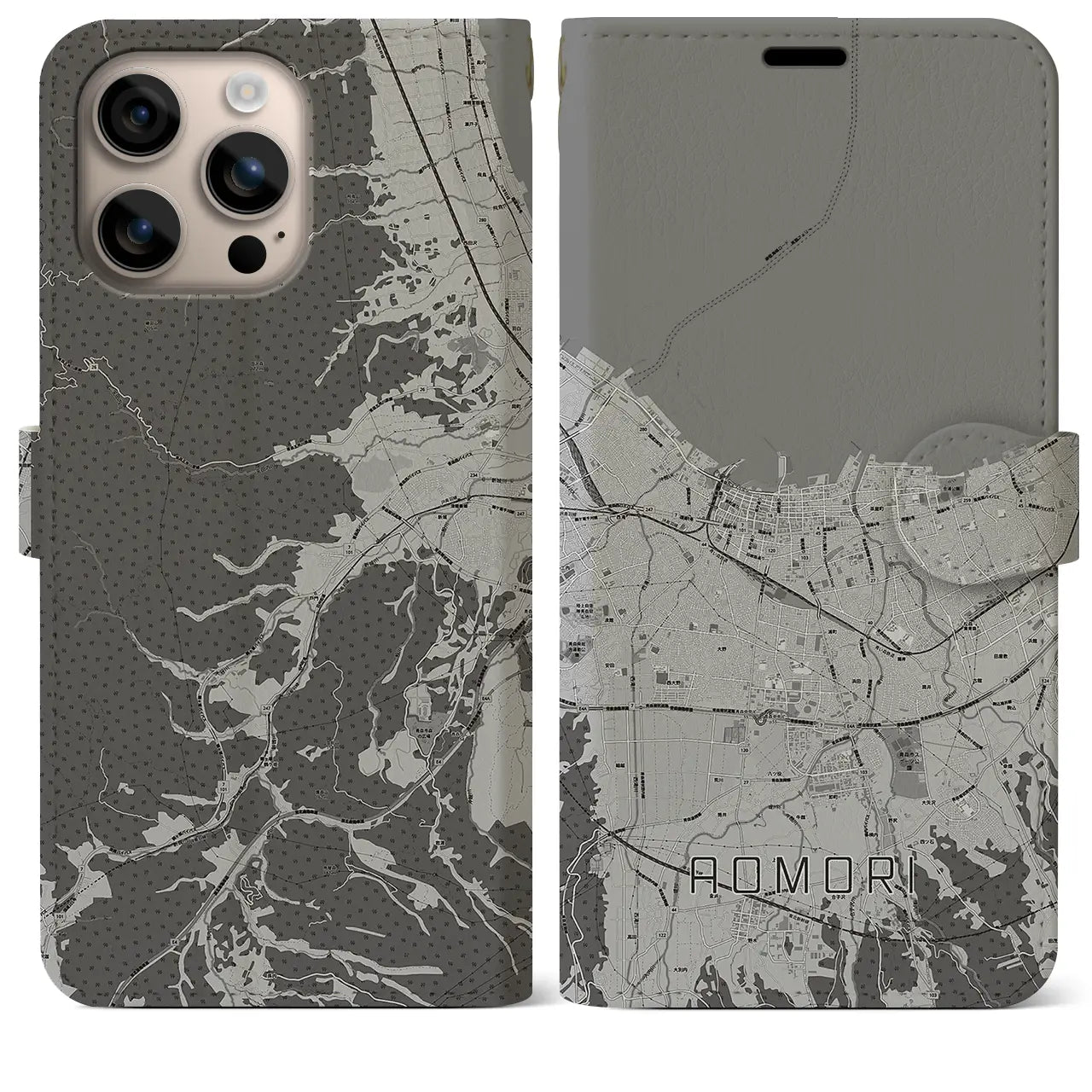 【青森2(青森県)】地図柄iPhoneケース(手帳タイプ)モノトーン・iPhone 16 Plus 用