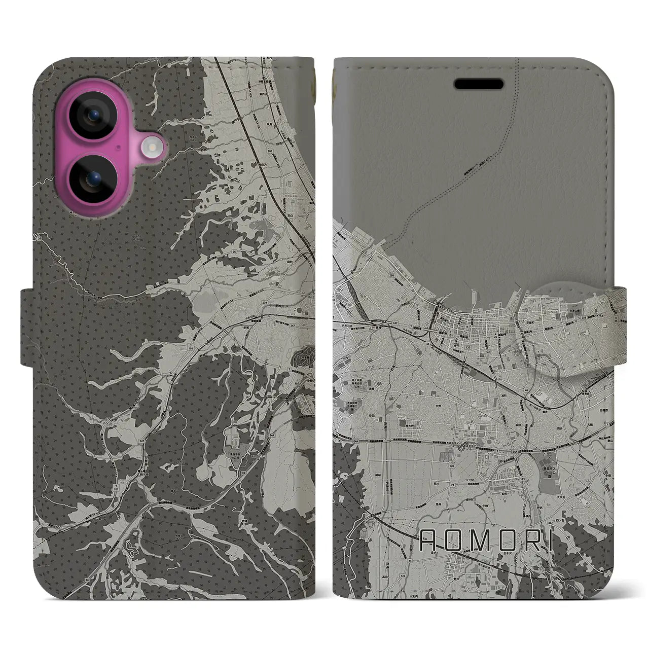 【青森2(青森県)】地図柄iPhoneケース(手帳タイプ)モノトーン・iPhone 16 Pro 用