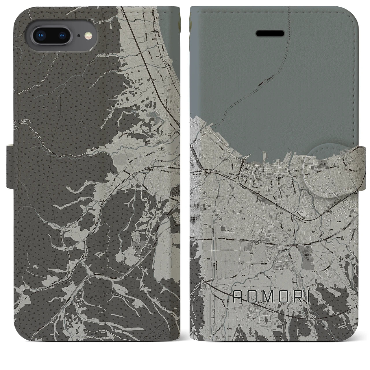 【青森2(青森県)】地図柄iPhoneケース(手帳タイプ)モノトーン・iPhone 8Plus /7Plus / 6sPlus / 6Plus 用