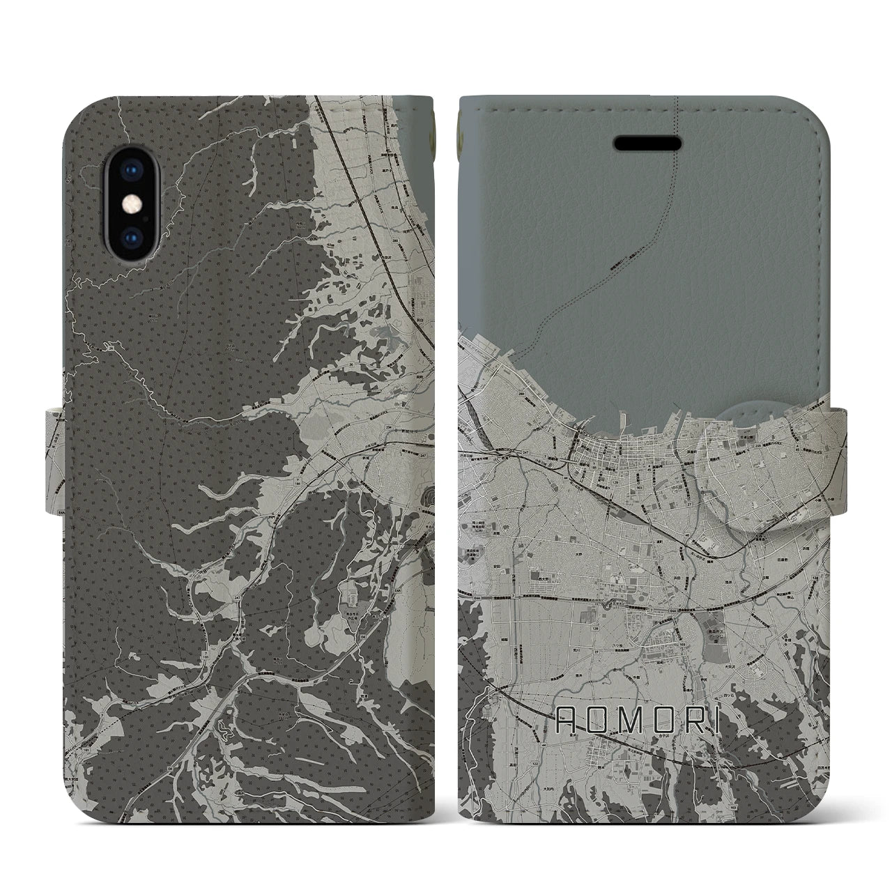 【青森2(青森県)】地図柄iPhoneケース(手帳タイプ)モノトーン・iPhone XS / X 用