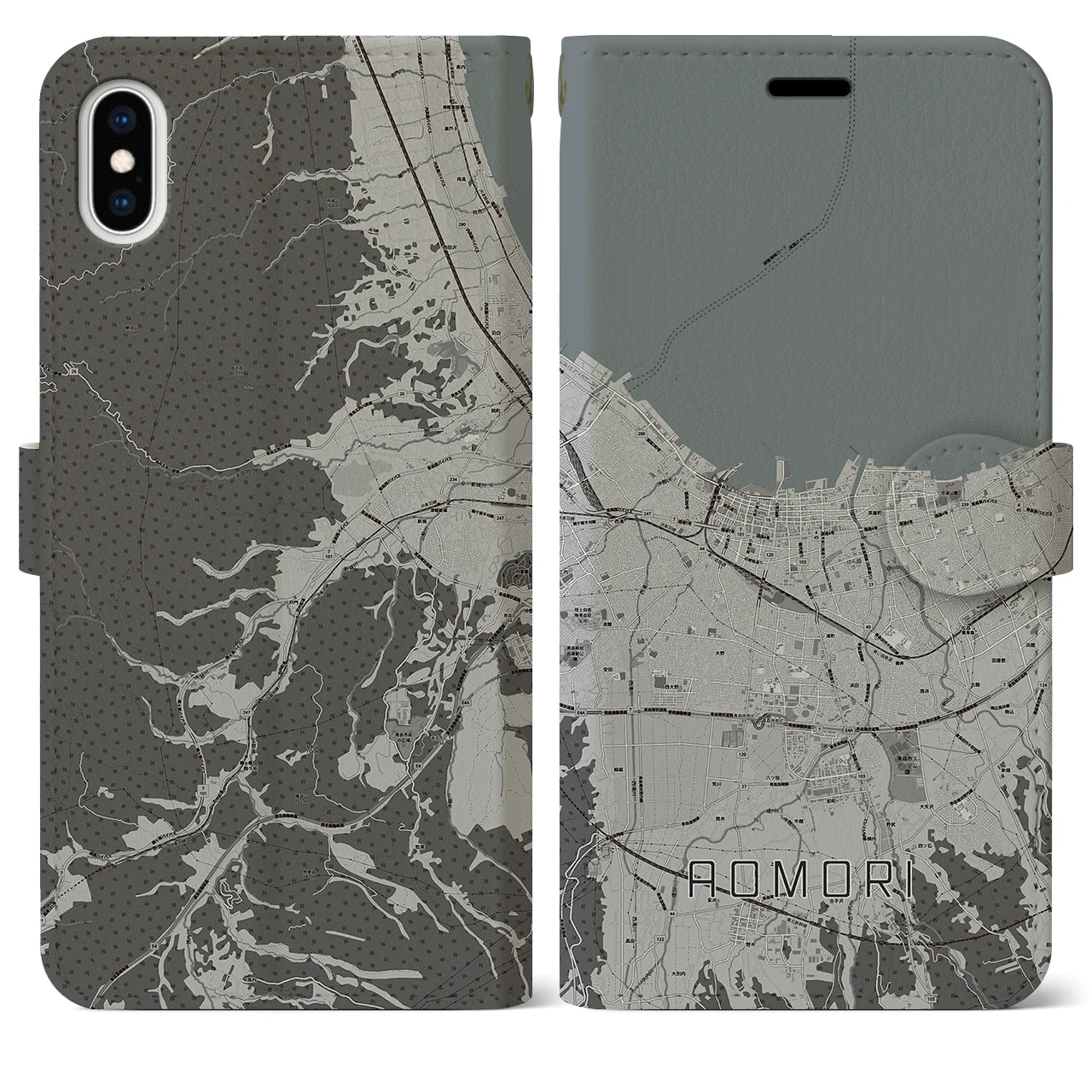 【青森2(青森県)】地図柄iPhoneケース(手帳タイプ)モノトーン・iPhone XS Max 用
