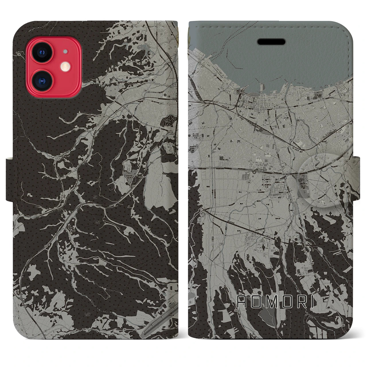 【青森(青森県)】地図柄iPhoneケース(手帳タイプ)モノトーン・iPhone 11 用