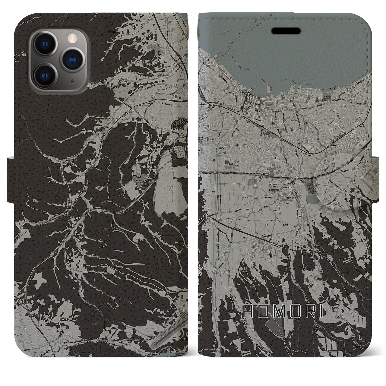 【青森(青森県)】地図柄iPhoneケース(手帳タイプ)モノトーン・iPhone 11 Pro Max 用