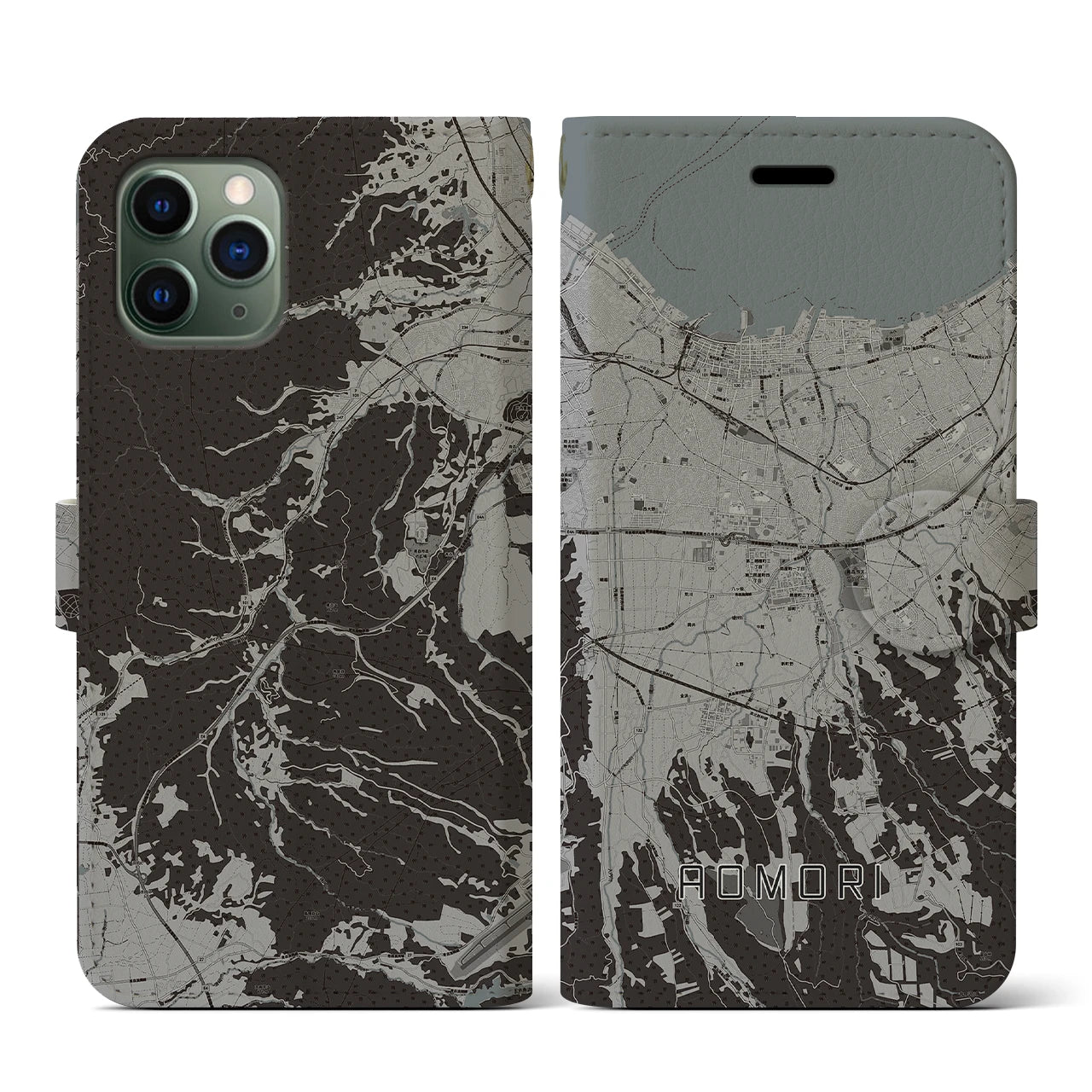 【青森(青森県)】地図柄iPhoneケース(手帳タイプ)モノトーン・iPhone 11 Pro 用
