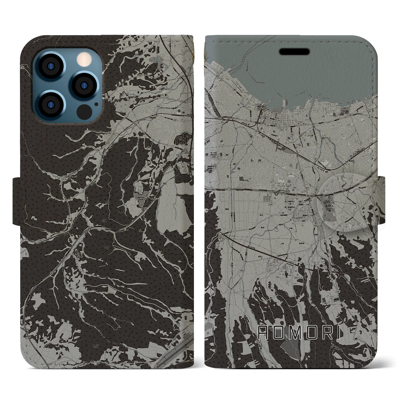 【青森(青森県)】地図柄iPhoneケース(手帳タイプ)モノトーン・iPhone 12 / 12 Pro 用