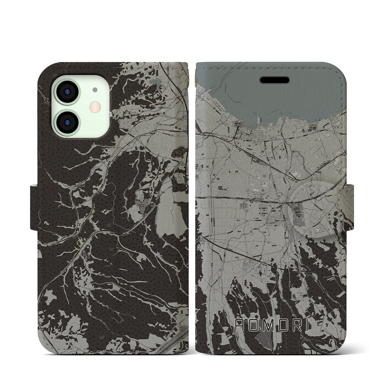 【青森(青森県)】地図柄iPhoneケース(手帳タイプ)モノトーン・iPhone 12 mini 用