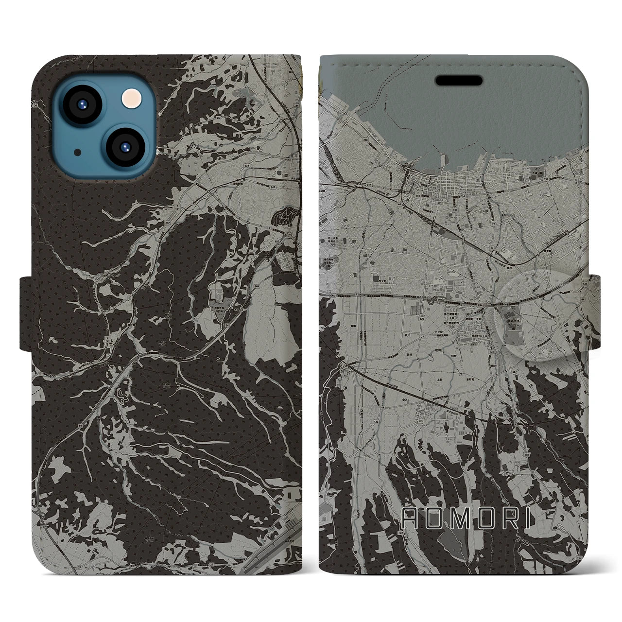 【青森(青森県)】地図柄iPhoneケース(手帳タイプ)モノトーン・iPhone 13 用