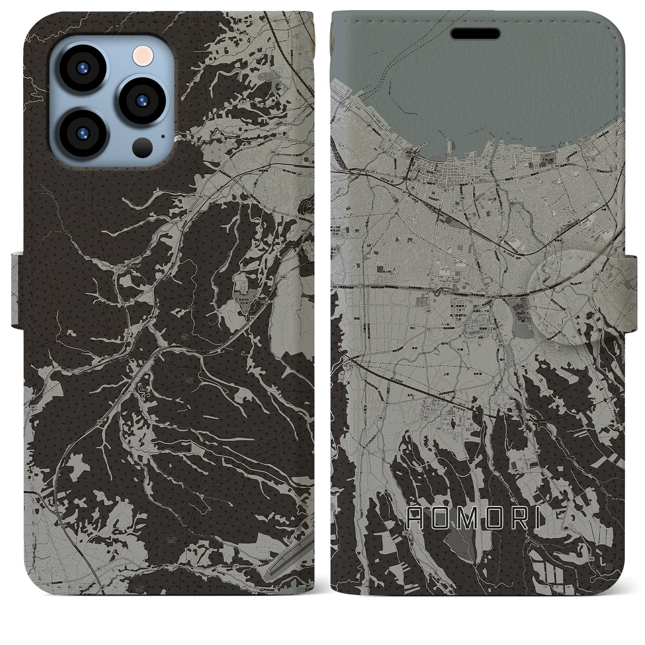 【青森(青森県)】地図柄iPhoneケース(手帳タイプ)モノトーン・iPhone 13 Pro Max 用