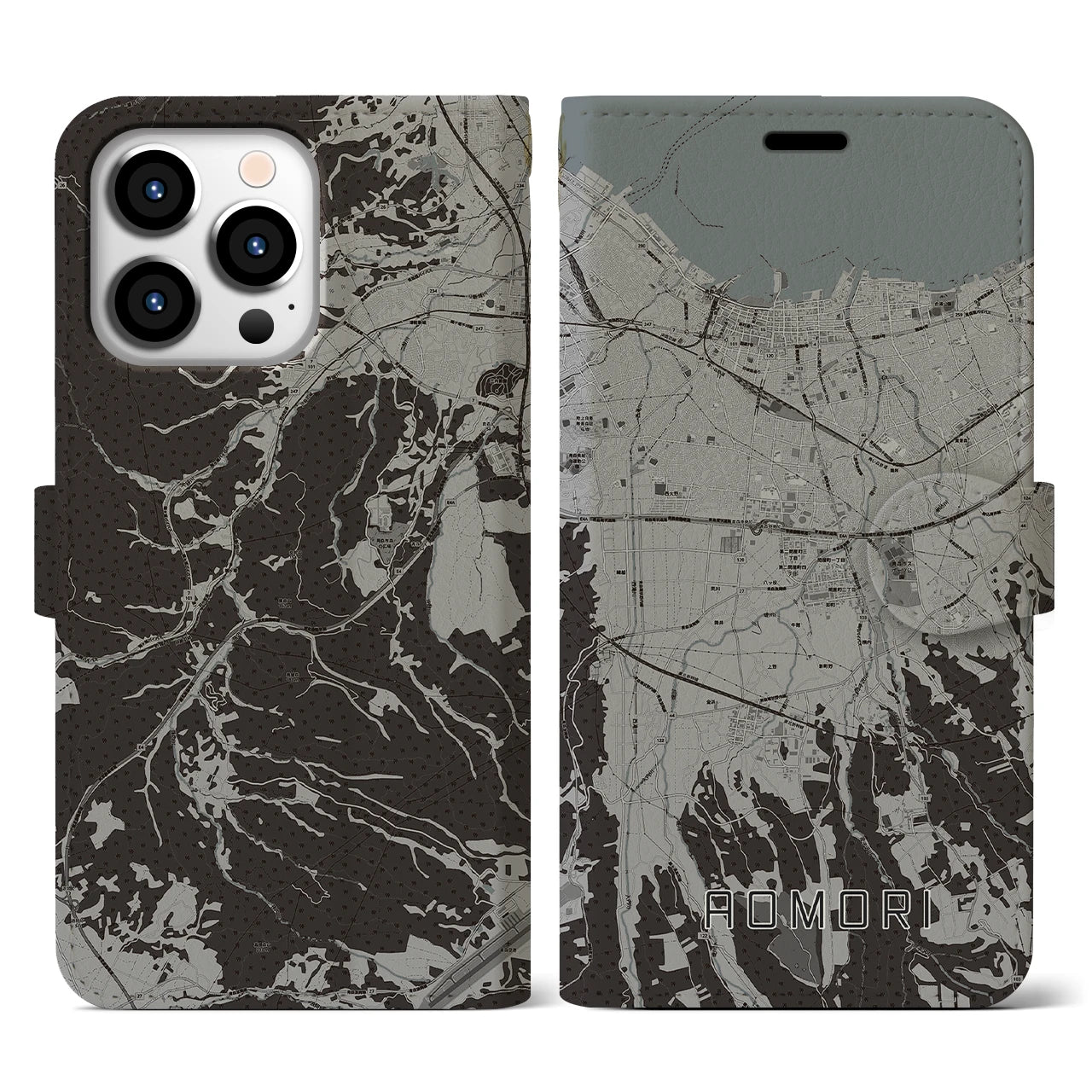 【青森(青森県)】地図柄iPhoneケース(手帳タイプ)モノトーン・iPhone 13 Pro 用