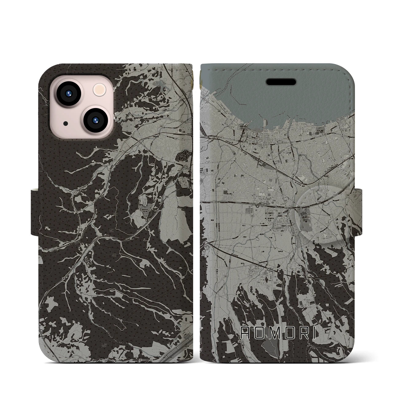 【青森(青森県)】地図柄iPhoneケース(手帳タイプ)モノトーン・iPhone 13 mini 用