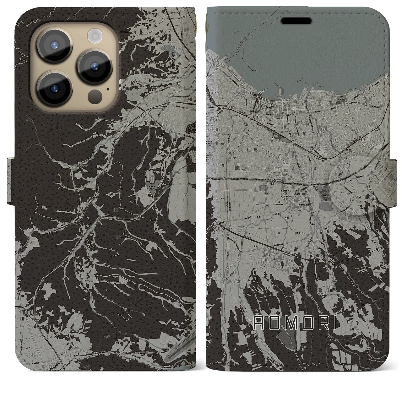 【青森(青森県)】地図柄iPhoneケース(手帳タイプ)モノトーン・iPhone 14 Pro Max 用