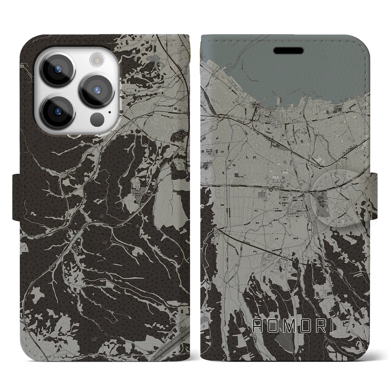 【青森(青森県)】地図柄iPhoneケース(手帳タイプ)モノトーン・iPhone 14 Pro 用