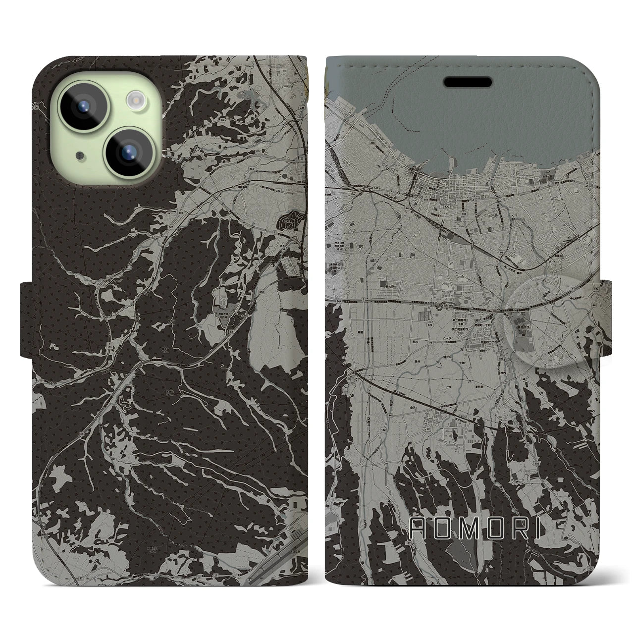 【青森(青森県)】地図柄iPhoneケース(手帳タイプ)モノトーン・iPhone 15 用