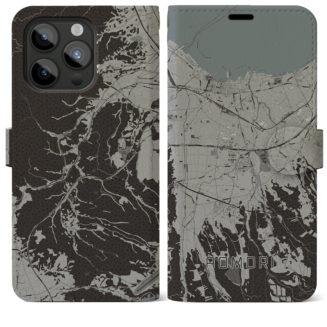 【青森(青森県)】地図柄iPhoneケース(手帳タイプ)モノトーン・iPhone 15 Pro Max 用