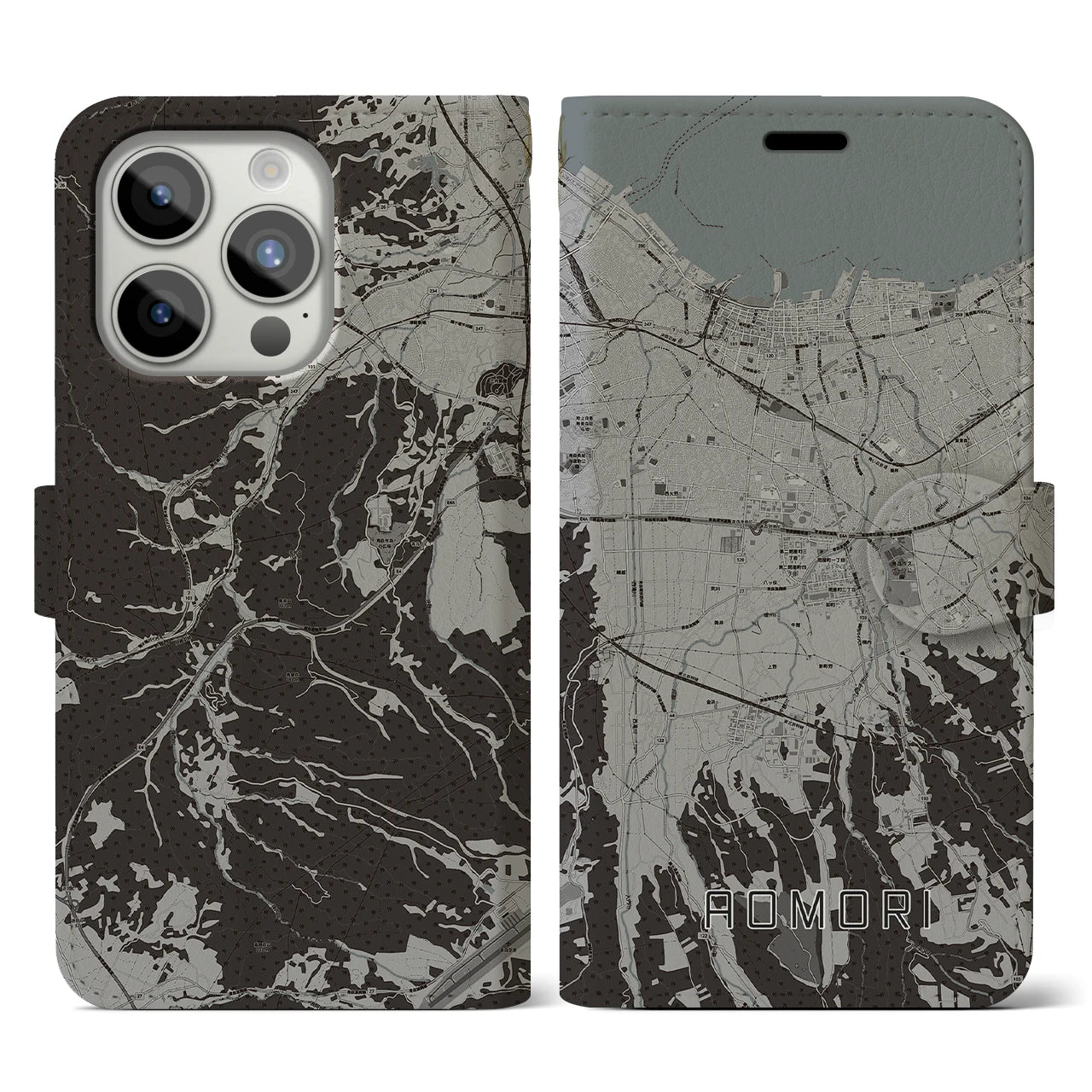 【青森(青森県)】地図柄iPhoneケース(手帳タイプ)モノトーン・iPhone 15 Pro 用