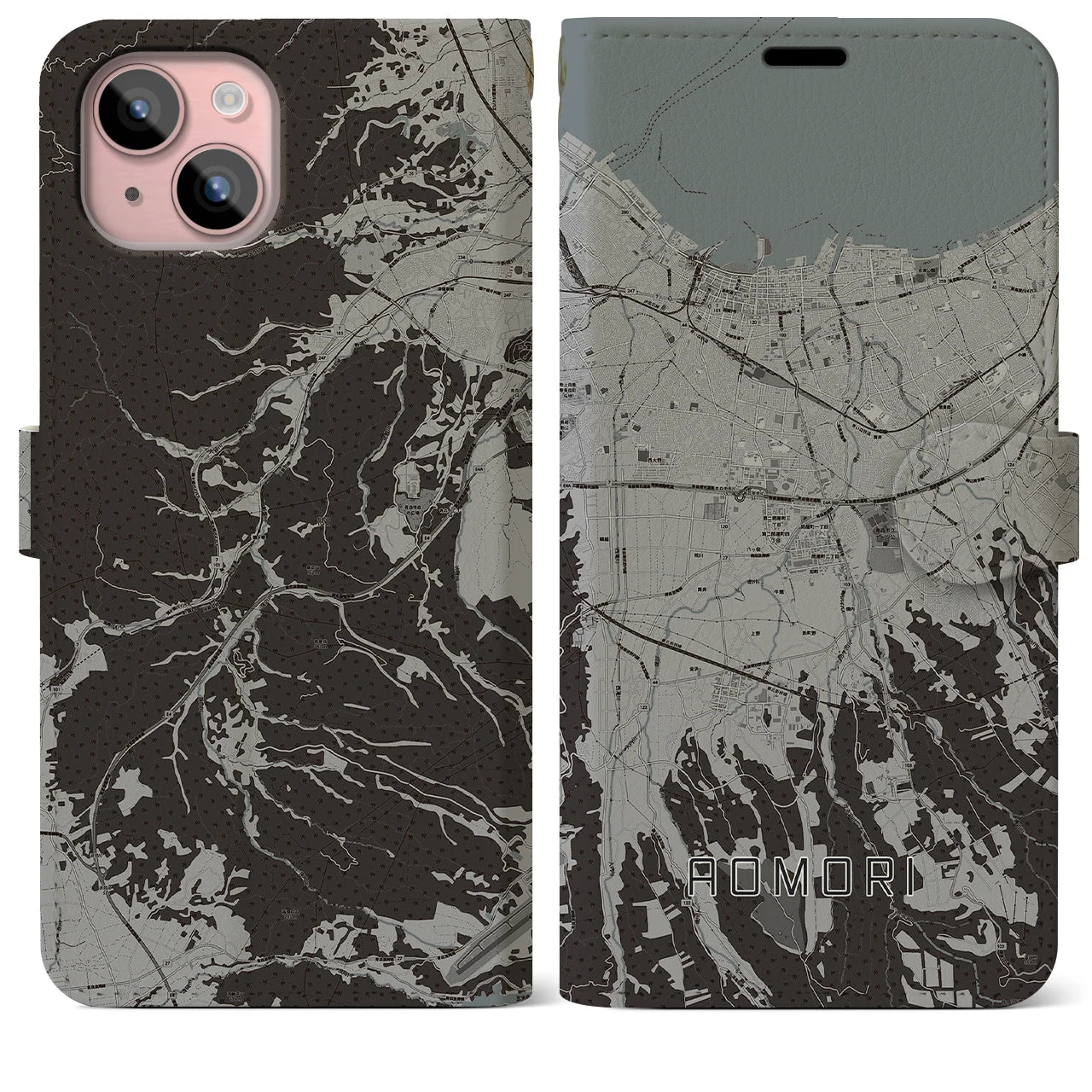 【青森(青森県)】地図柄iPhoneケース(手帳タイプ)モノトーン・iPhone 15 Plus 用