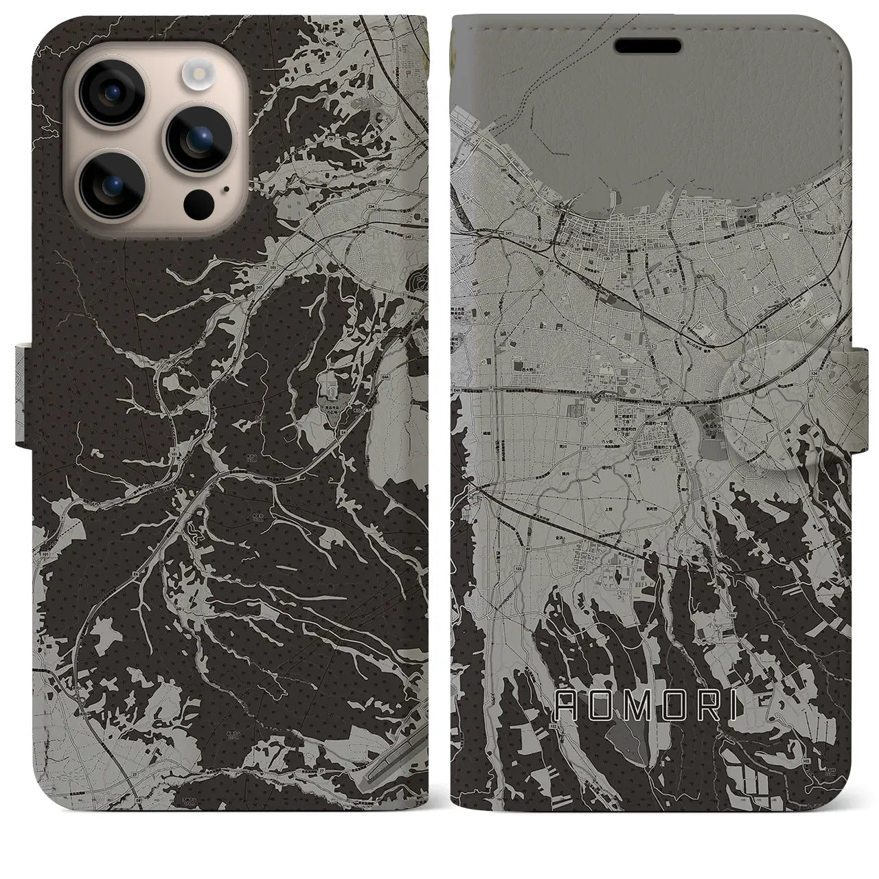 【青森(青森県)】地図柄iPhoneケース(手帳タイプ)モノトーン・iPhone 16 Plus 用