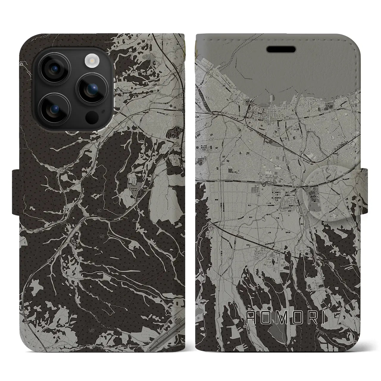 【青森(青森県)】地図柄iPhoneケース(手帳タイプ)モノトーン・iPhone 16 用