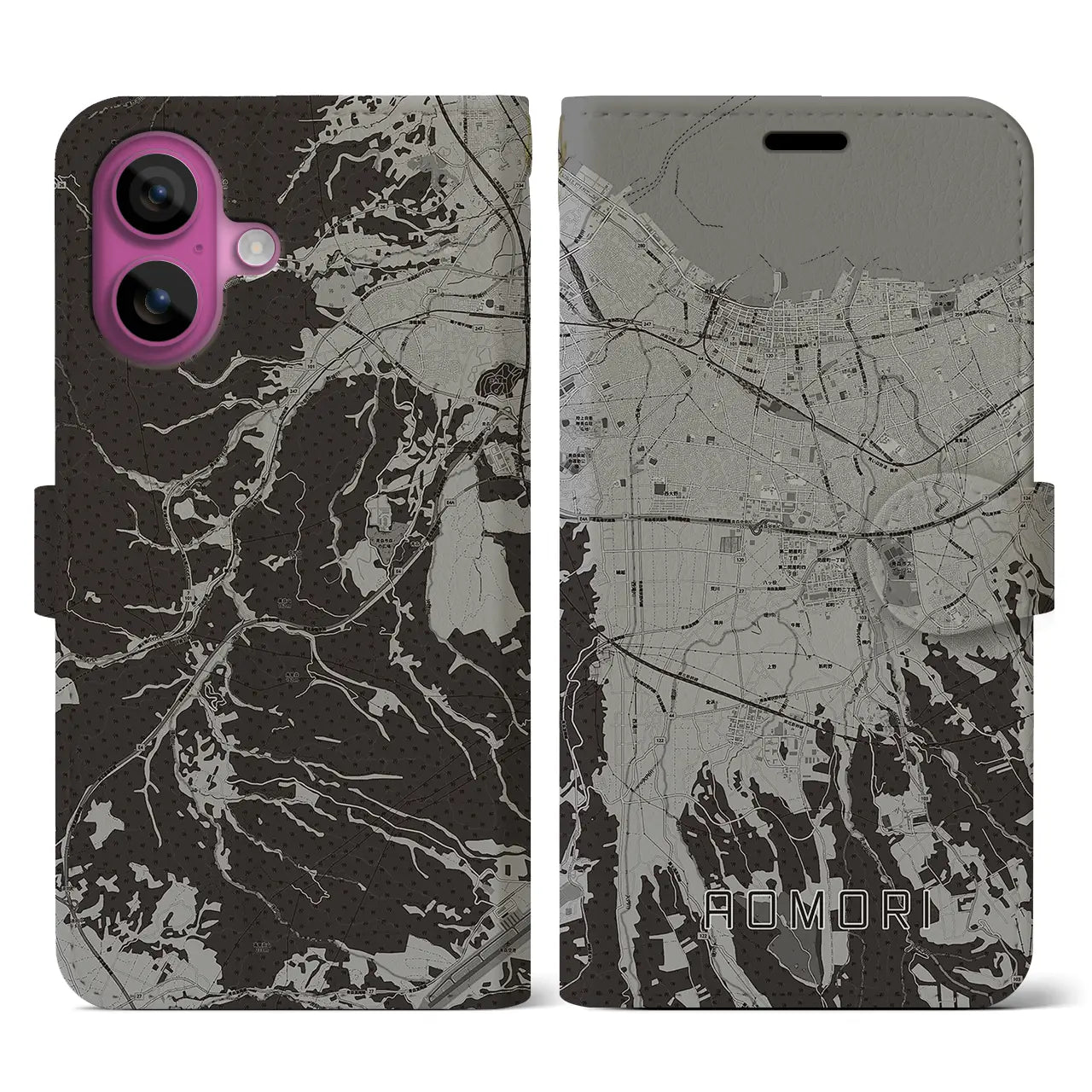 【青森(青森県)】地図柄iPhoneケース(手帳タイプ)モノトーン・iPhone 16 Pro 用
