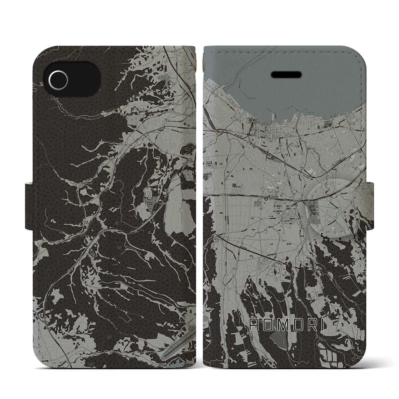 【青森(青森県)】地図柄iPhoneケース(手帳タイプ)モノトーン・iPhone SE(第3 / 第2世代) / 8 / 7 / 6s / 6 用