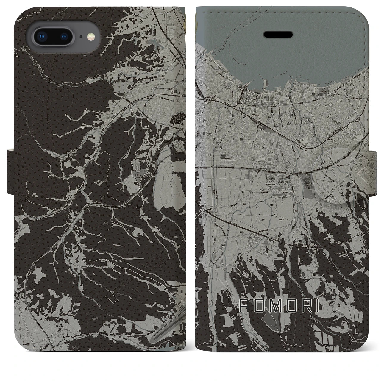 【青森(青森県)】地図柄iPhoneケース(手帳タイプ)モノトーン・iPhone 8Plus /7Plus / 6sPlus / 6Plus 用