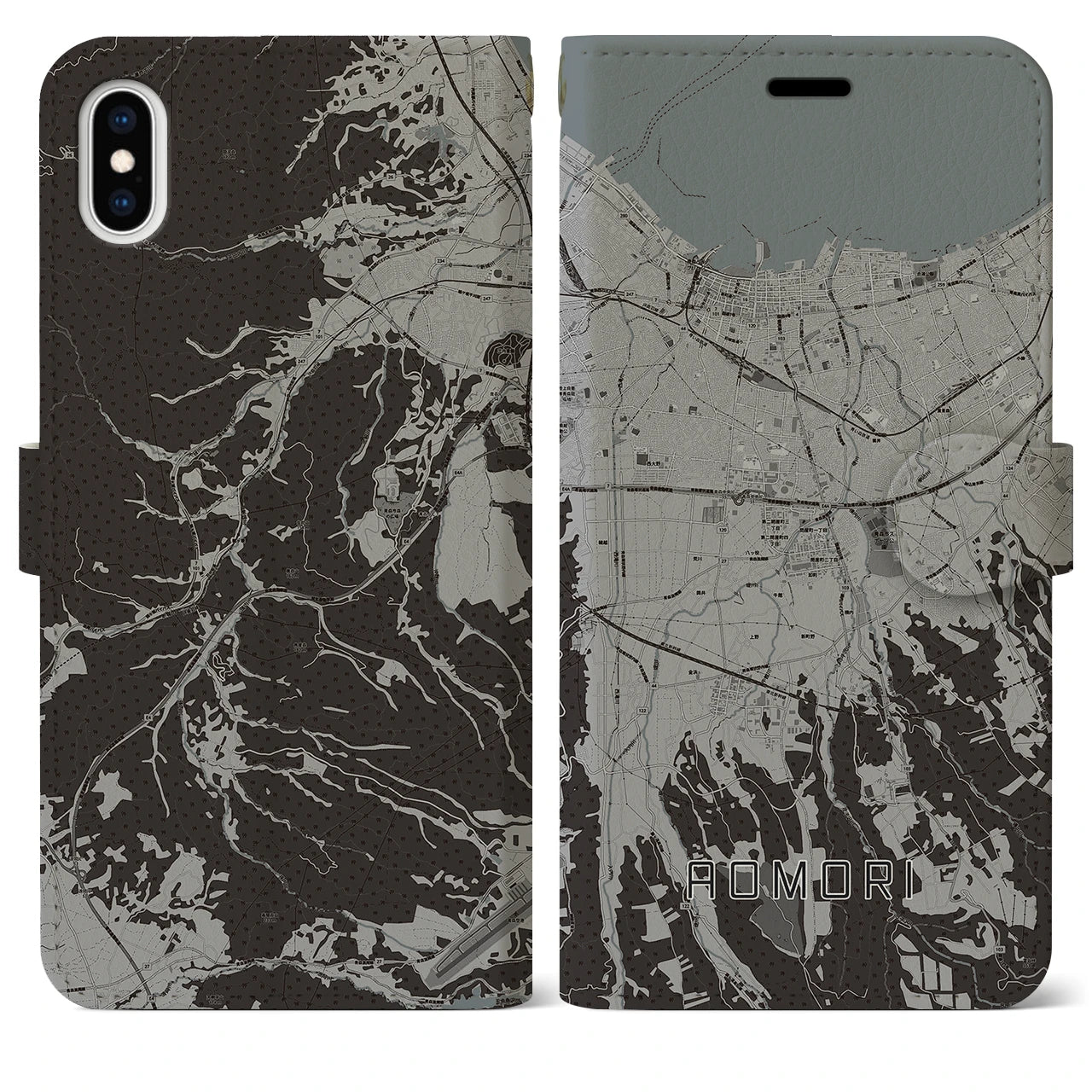 【青森(青森県)】地図柄iPhoneケース(手帳タイプ)モノトーン・iPhone XS Max 用