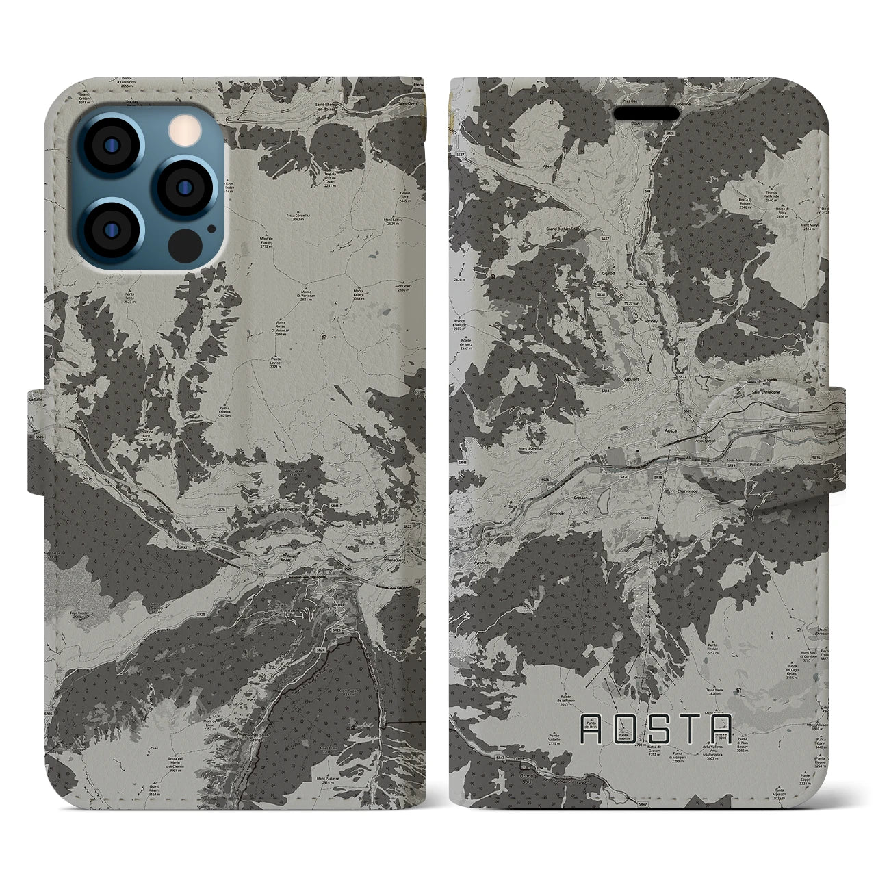 【アオスタ(イタリア)】地図柄iPhoneケース(手帳タイプ)モノトーン・iPhone 12 / 12 Pro 用