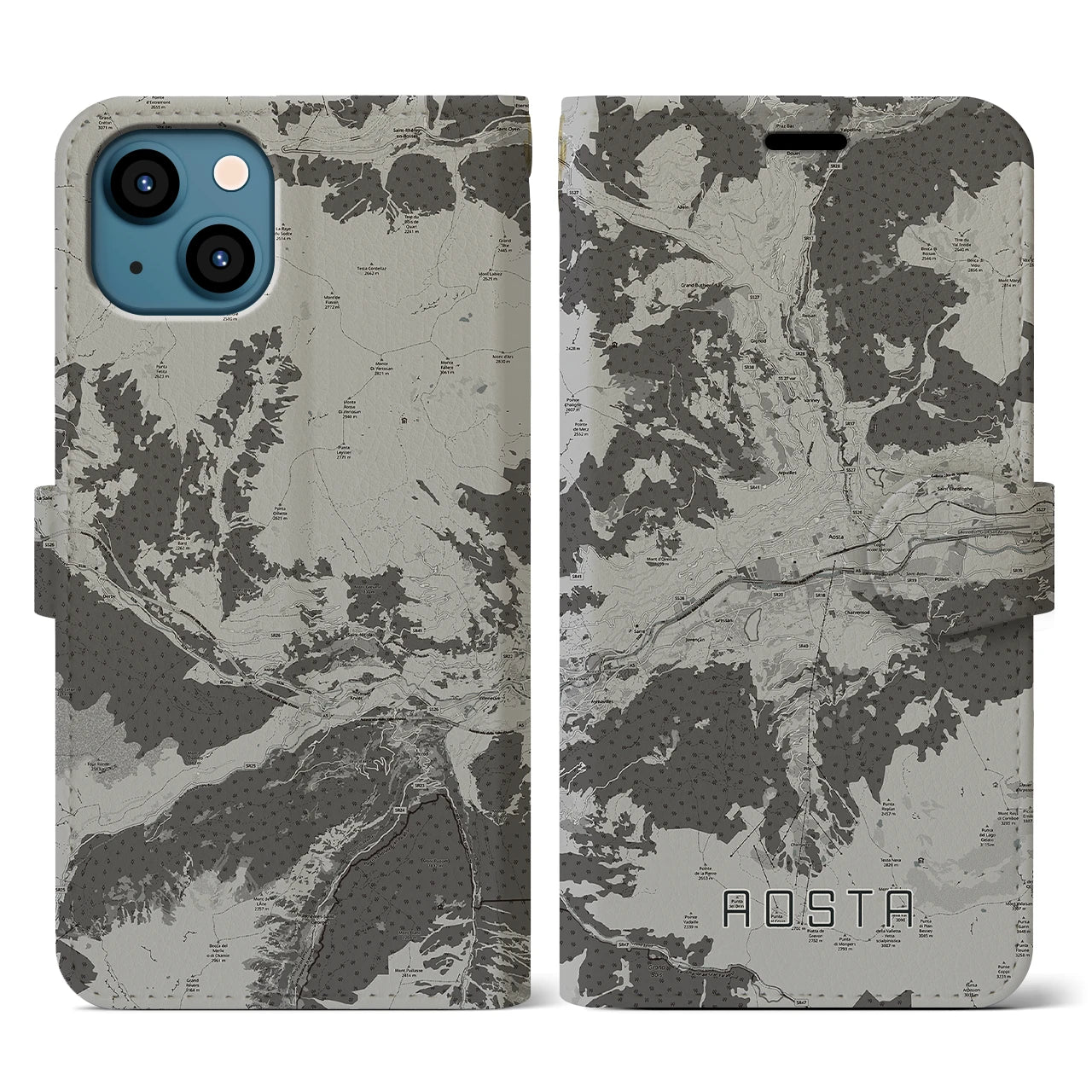 【アオスタ(イタリア)】地図柄iPhoneケース(手帳タイプ)モノトーン・iPhone 13 用
