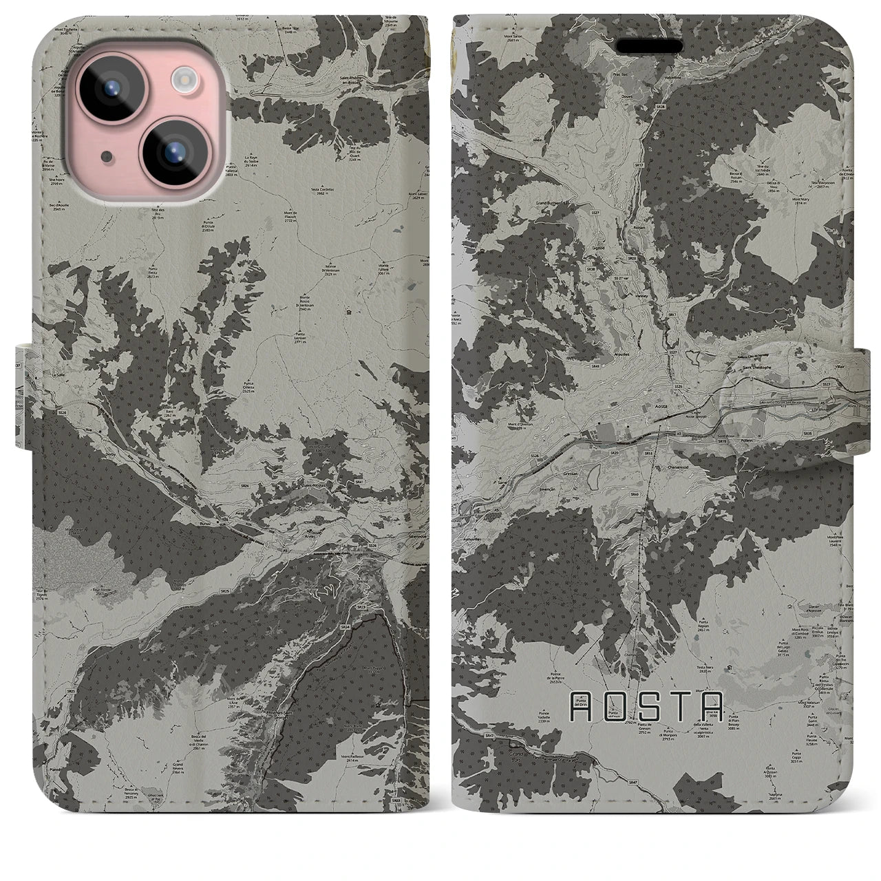 【アオスタ(イタリア)】地図柄iPhoneケース(手帳タイプ)モノトーン・iPhone 15 Plus 用
